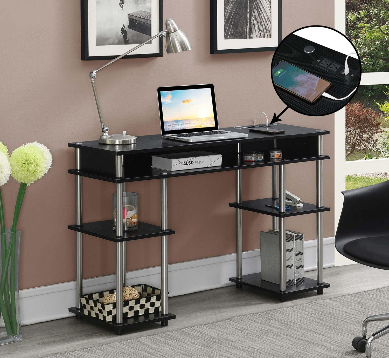 Convenience Concepts Designs2Go 30¡å Tall No Tools Student Desk with Charging Station and Shelves. Black