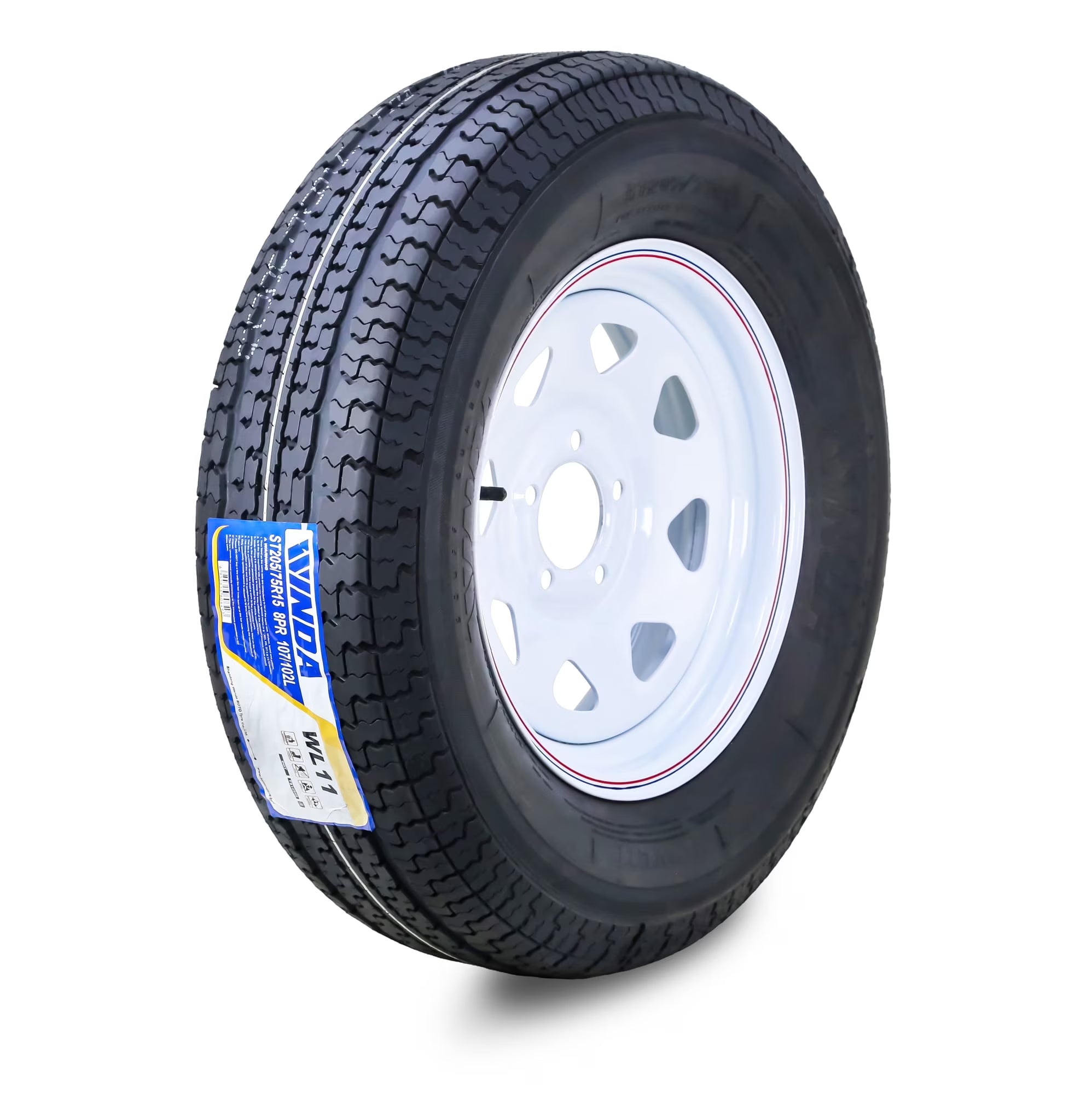 WINDA Trailer Tire Wheel Assembly ST205/75R15 8-Ply D 107M 5 Lug on 5  PCD White Spoke Rim
