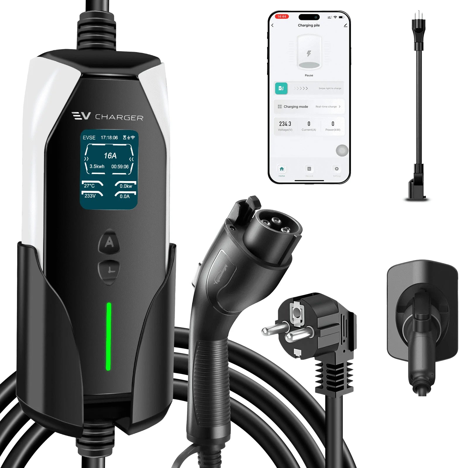 GUWIEYG Portable Level 1&2 EV Charger, 16A 100-240V 25FT J1772 Charger, Portable Electric Vehicle Charging with NEMA 6-20 Plug and NEMA 5-15 Adapter, Adjustable Current, Delay Timer, App Control