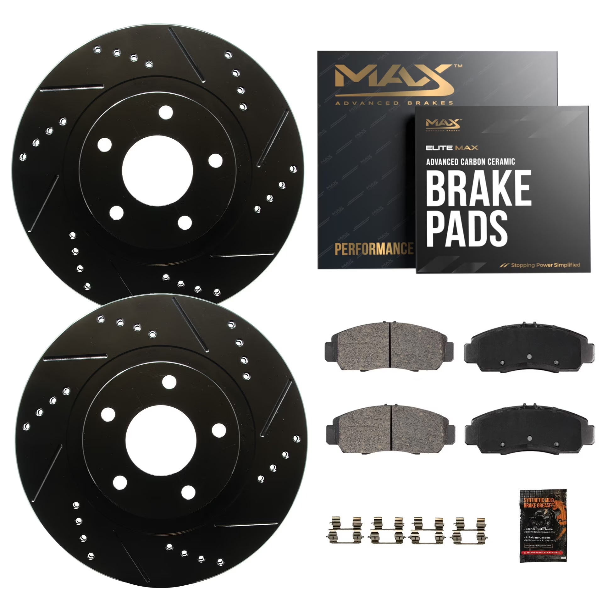 Max Advanced Brakes - Brake Kit for 1999 2000 2001 2002 2003 2004 Jeep Grand Cherokee Front Replacement Drilled Slotted Black Coated Disc Brake Rotors and Ceramic Brake Pads