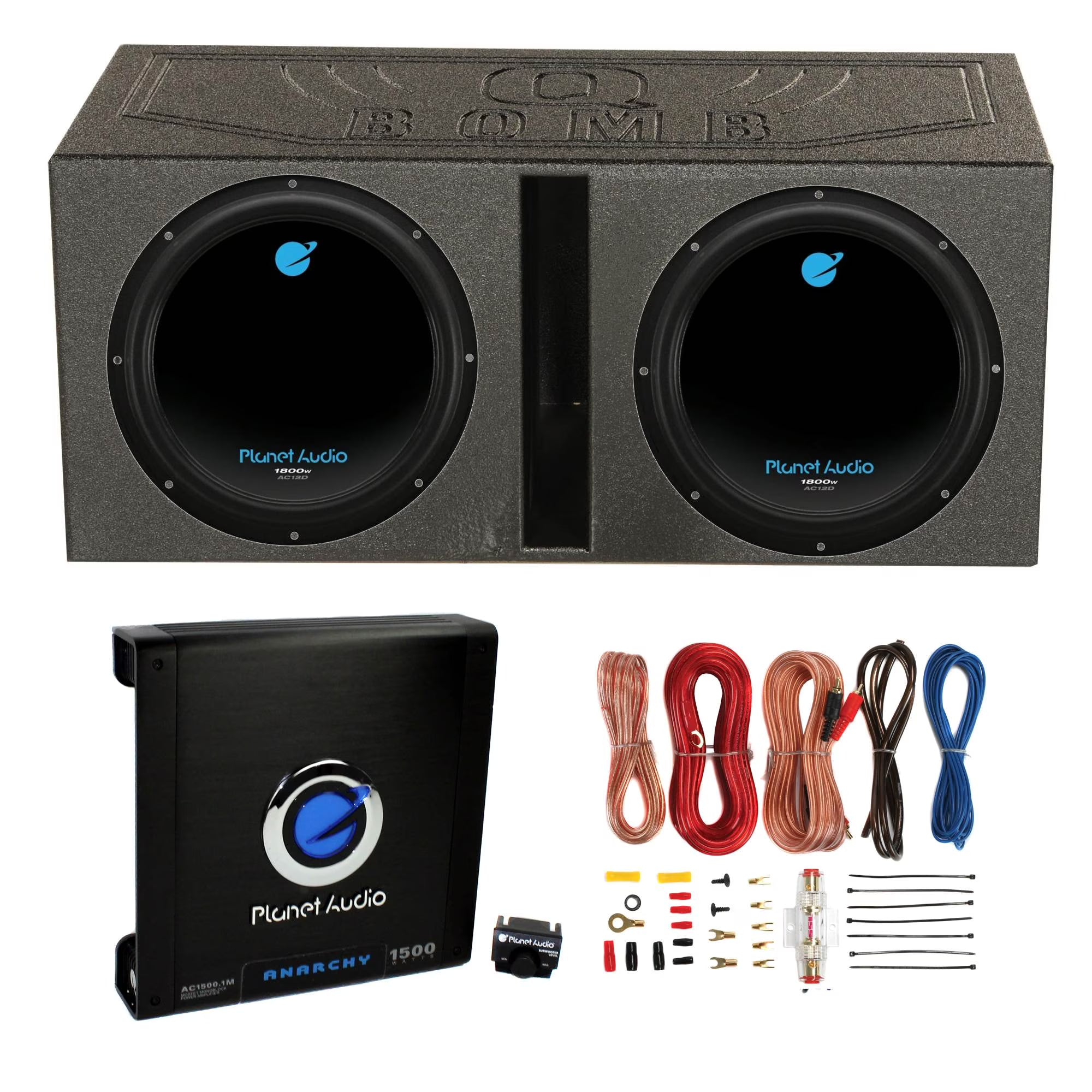 2) Planet Audio 12  1800W Subwoofers + Vented Lined Box Enclosure + Amp + Wire