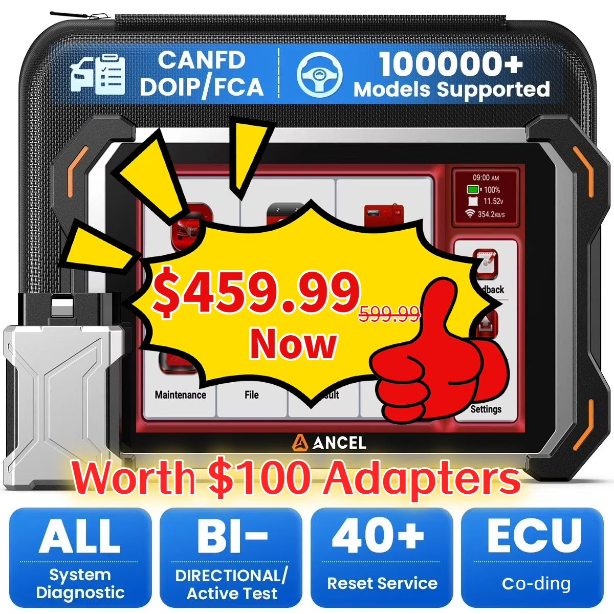 ANCEL DS600 BT All System OBD2 Scanner Car Diagnostic Tool, Bi-directional Scan Tool with 34+ Service, ECU Co-ding, ABS Bleeding, BMS/SAS/TPMS/Oil Reset, AutoVin, CANFD&DOIP, Lifetime Free Update