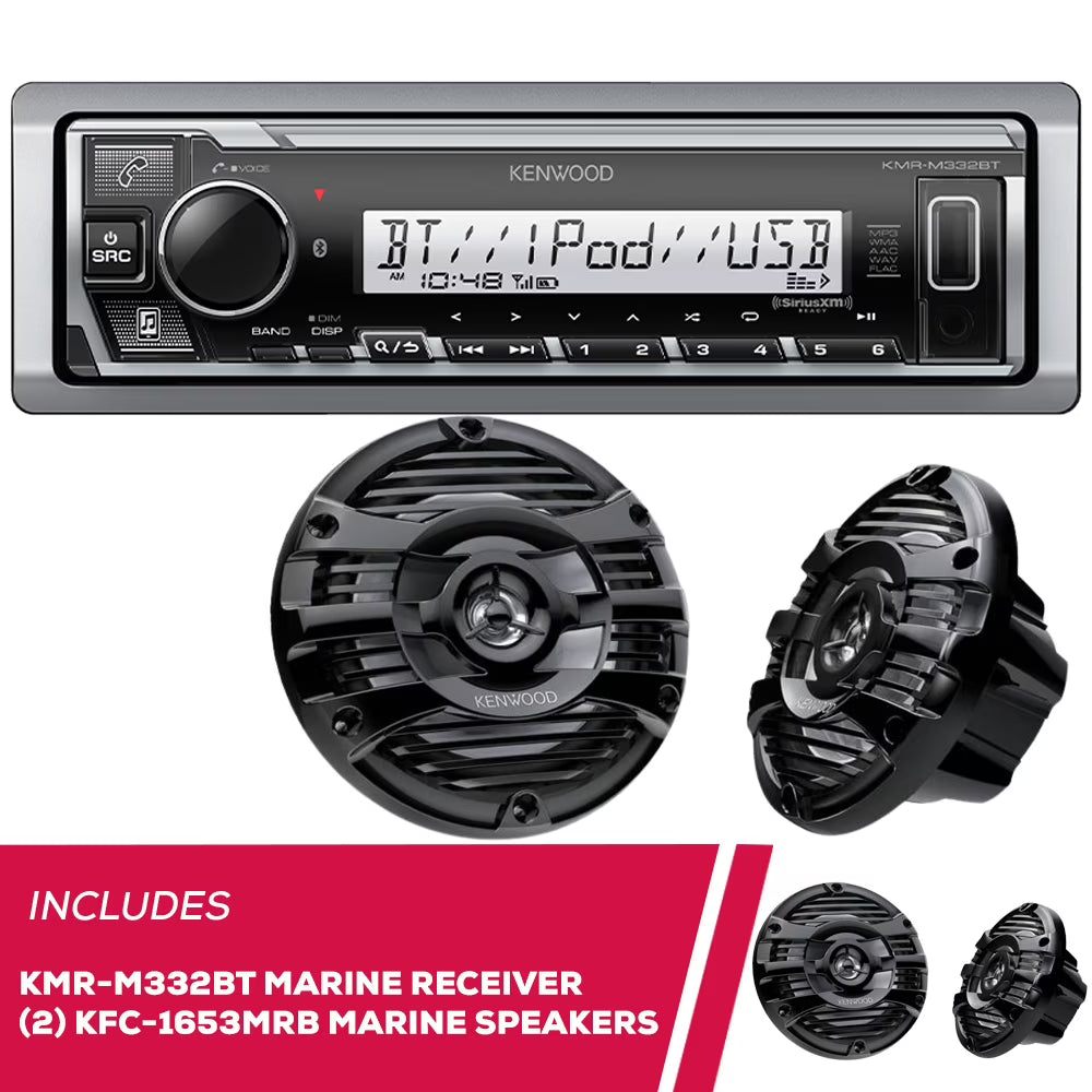 Kenwood KMR-M332BT Digital Media Receiver with Bluetooth with 2 Pairs of KFC-1653MRB 6.5  2-way Marine Speaker System (Black), 150W Max Power
