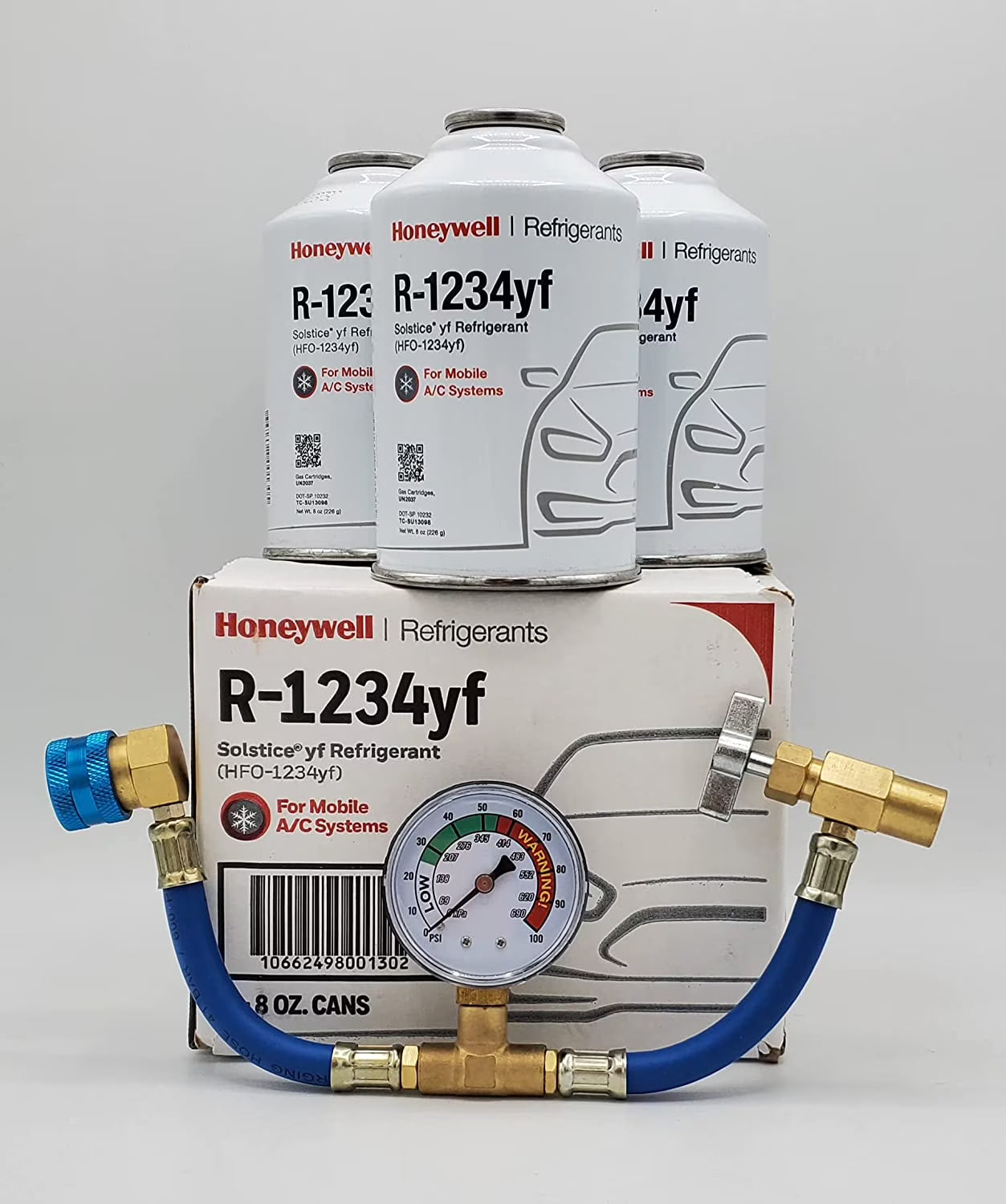 Genuine 8oz R1234YF Refrigerant (3 Freon Cans) & HD Brass Can Tap with Gauge