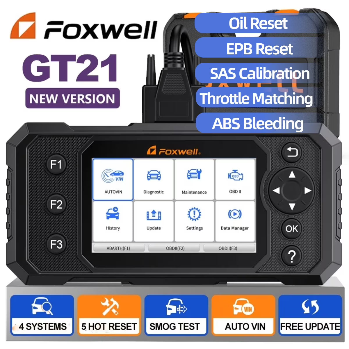 FOXWELL GT21 Car Diagnostic Tool, Engine ABS SRS Transmission OBD2 Scanner with 5 Reset, ABS Bleeding, SAS/EPB/Throttle/Oil Reset, Battery Test, Check Engine Code Reader, Lifetime Free Update