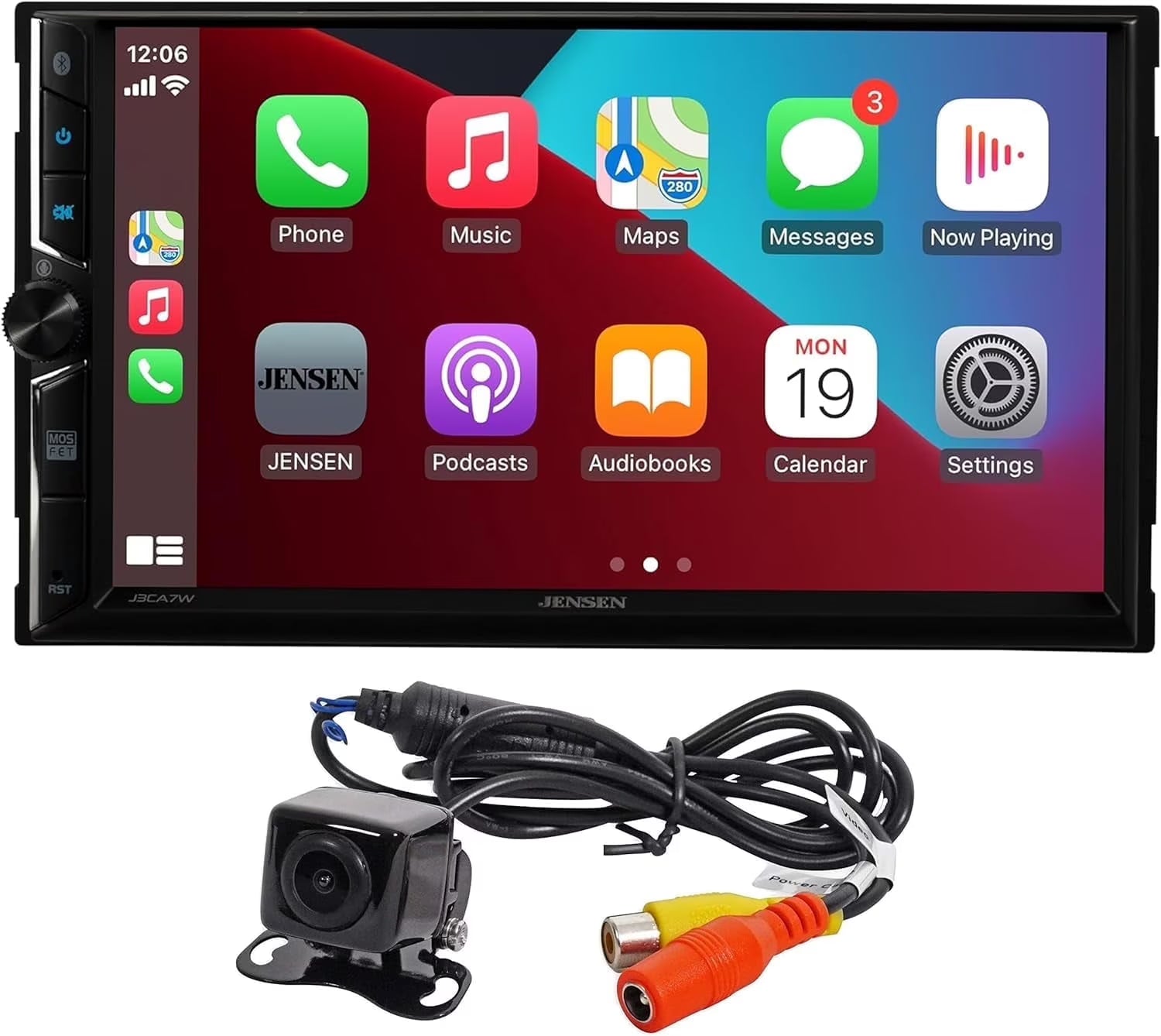 Jensen 7-inch Head Unit Multimedia Receiver with Apple CarPlay Android Auto | Double DIN Touchscreen Car Stereo | Bluetooth | Backup Camera | USB Playback & Charge