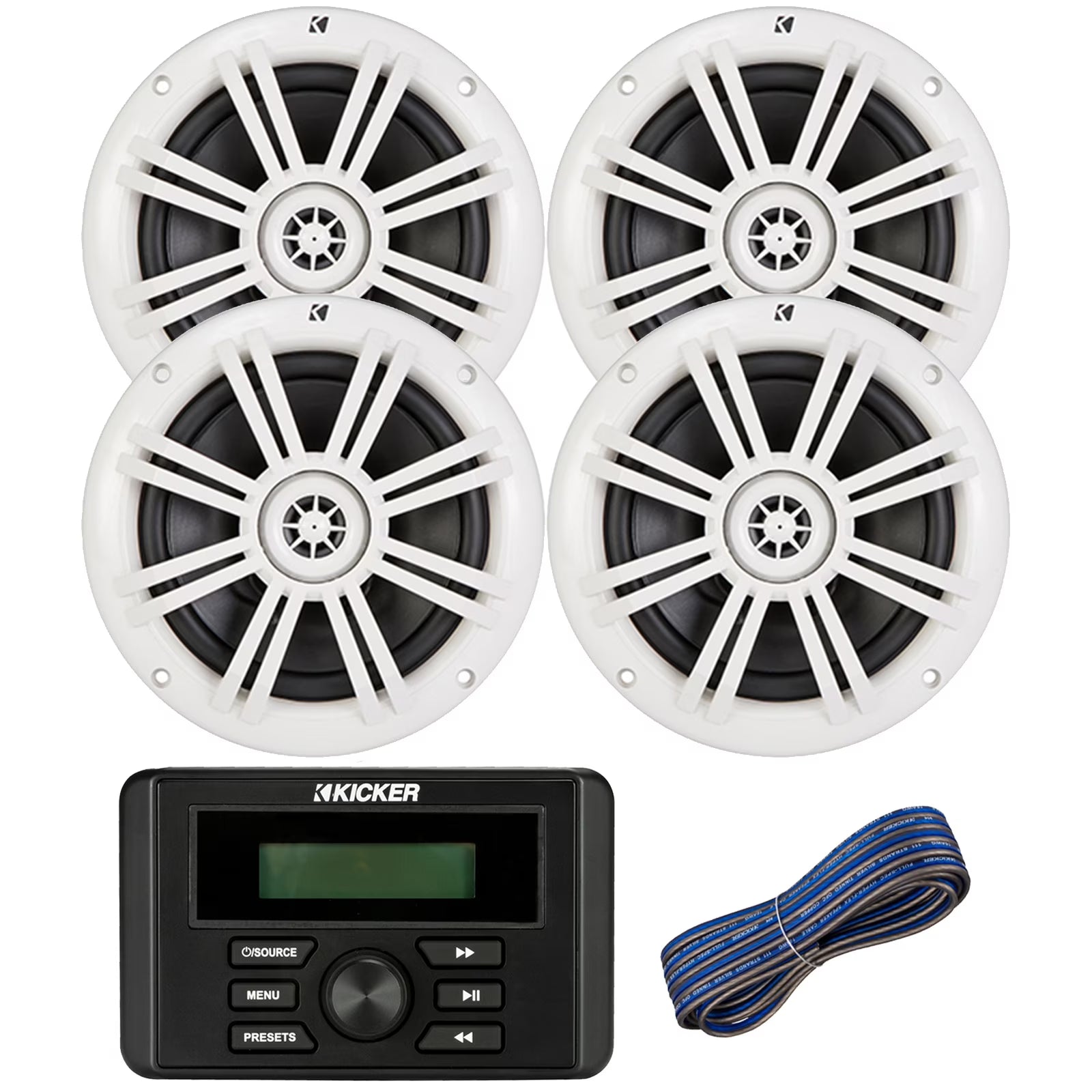 Kicker Weather-Resistant Marine Bluetooth USB AM/FM Stereo Receiver Bundle Combo with 2 Pair (QTY 4) of 6.5  2-Way 150W Max Power Coaxial White Marine Audio Speakers, 50-Feet 16-Gauge Speaker Wire