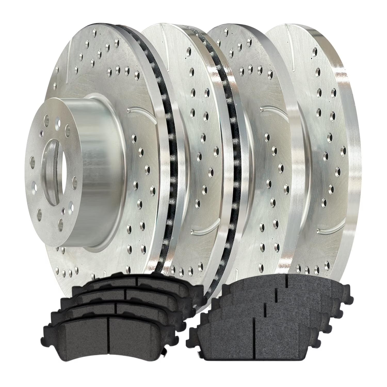 AutoShack Front & Rear Drilled & Slotted Brake Rotors Premium Ceramic Brake Pads | Replacement for Chevrolet Silverado 1500 Tahoe GMC Sierra 1500 | Silver Coated | 12-PC Brake Kit | TurboGuard