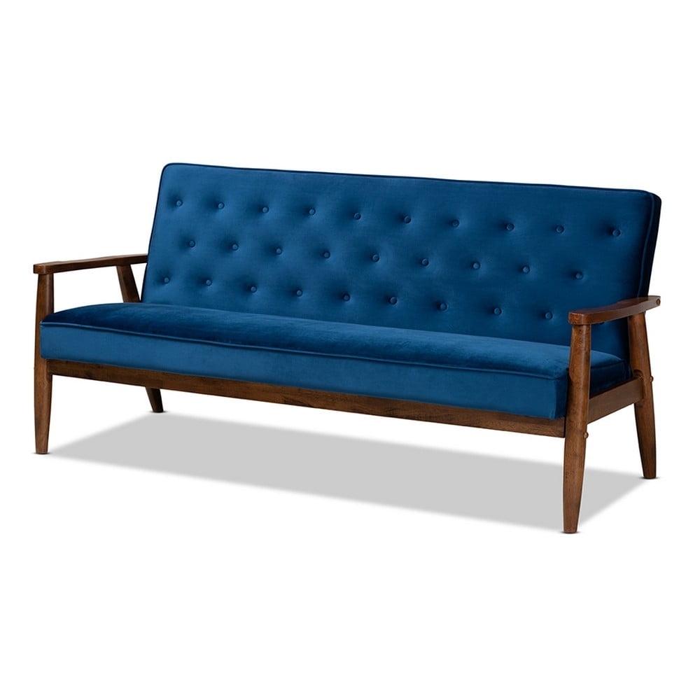Baxton Studio Sorrento Mid-century Modern Navy Blue Velvet Fabric Upholstered Walnut Finished Wooden 3-seater Sofa