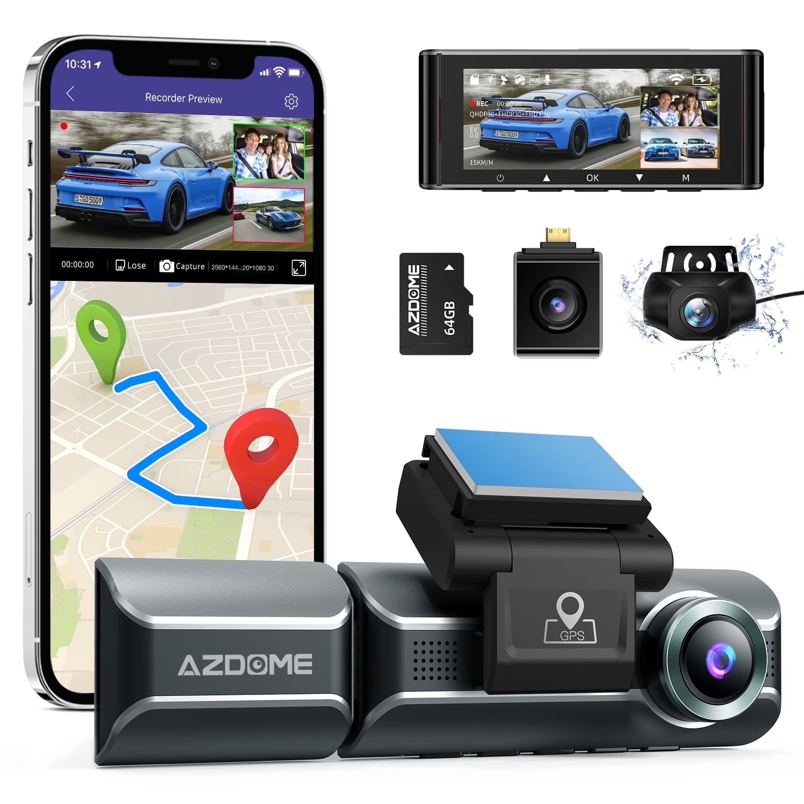 AZDOME 3 Channel Dash Cam with 4K WiFi , Dual Front and Rear for Car 4K+1080P Free 64GB Card, Built-in GPS 24H Parking Mode IR Night Vision WDR 3.19  IPS, Max up Support to 256GB, Easy to Install