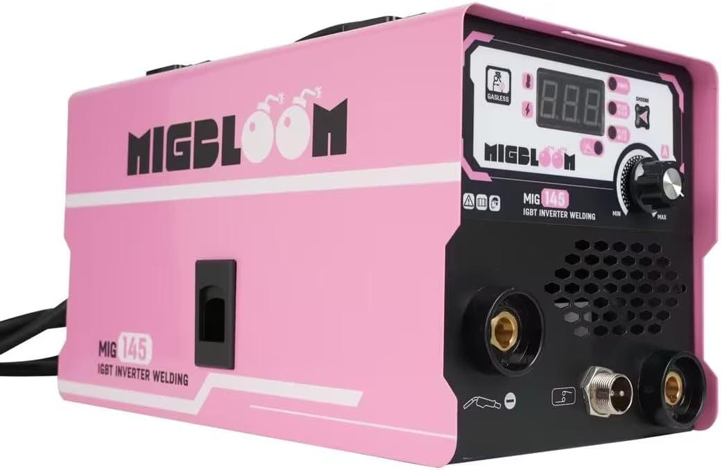 MIGBLOOM 145A Flux Core Mig Welder 110V 3 in 1 Gasless MIG/Stick/Lift TIG Welding Machine Synergic Control IGBT Inverter Multiprocess Portable Wire Feed Welder PINK