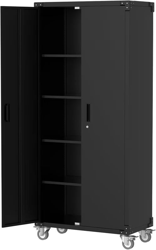 Towallmark Metal Storage Cabinet 72 H with Wheels, Steel Tool Cabinet with Pegboard and 4 Adjustable Shelves, Lockable Rolling Garage Cabinet for Home,Garage,Office Organization (with wheels, black)