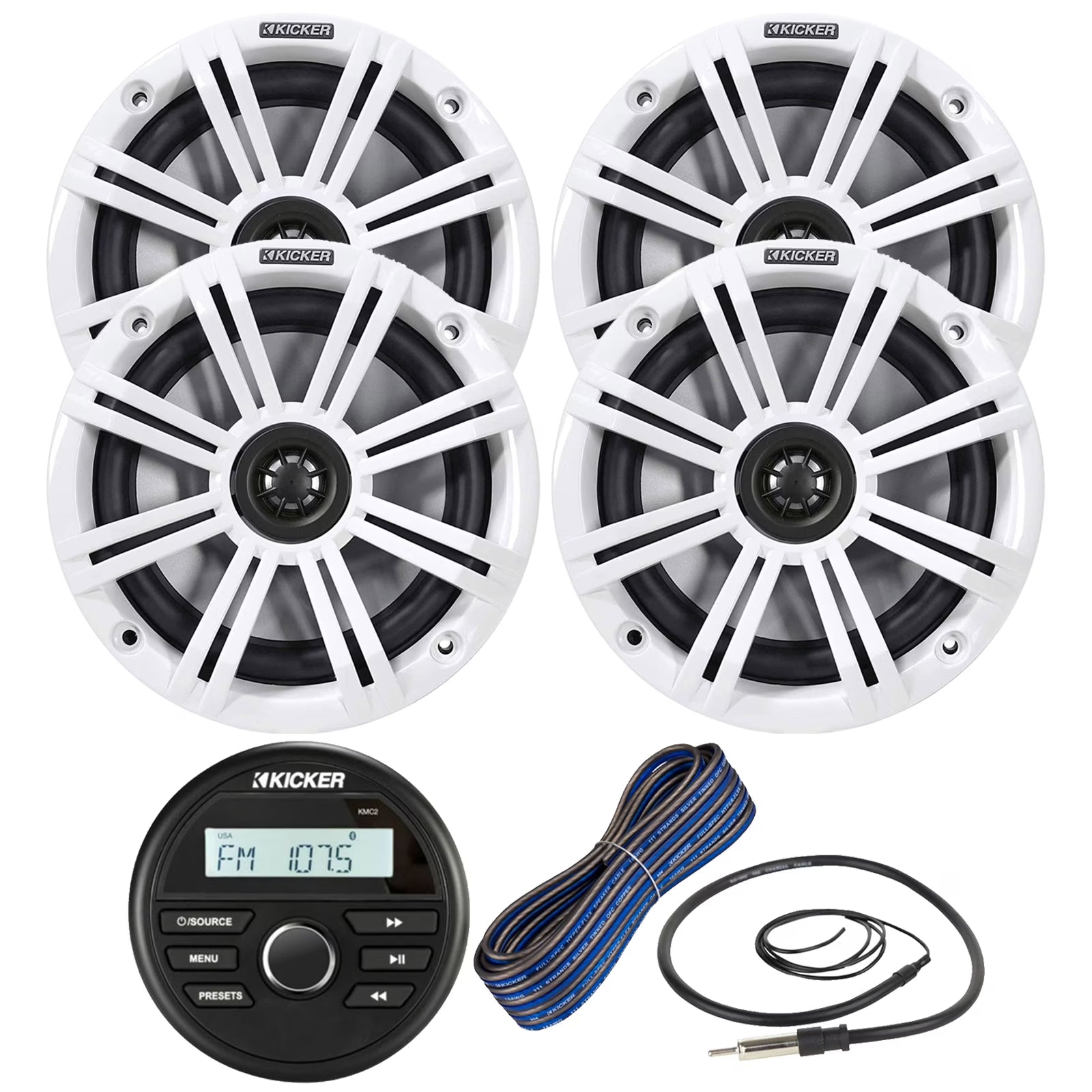 Kicker 46KMC2 Receiver + 2 Pairs 6.5  2Way 195W Speakers w/ White Grilles, 50-ft Wire, 22  Antenna
