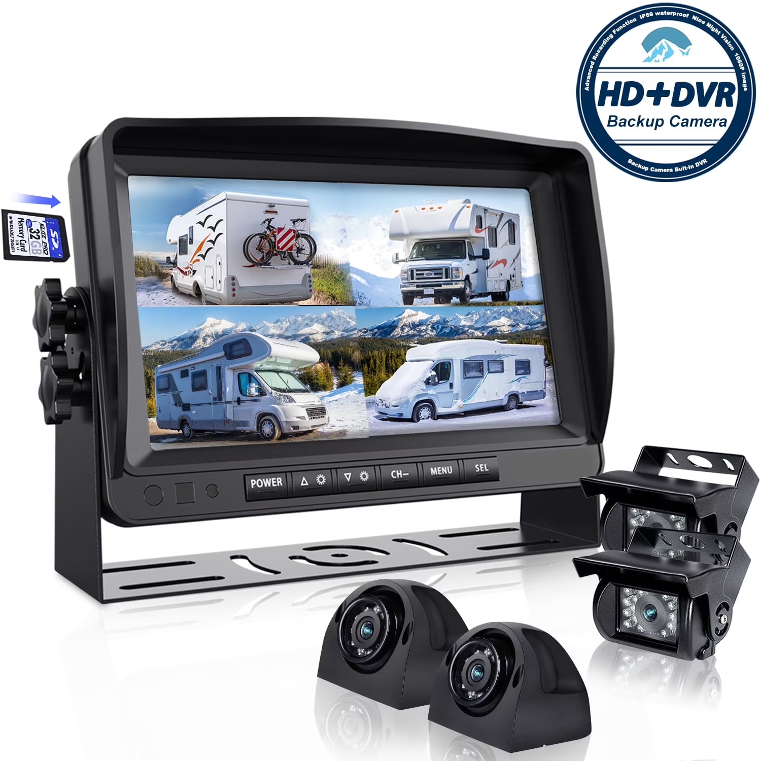 eRapta A9 RV Backup Camera System with 9¡¯??Large Monitor, Backup camera for RV Car Box Truck Trailer HD Rear and Side View Camera Quad 4 Split Screens Advanced DVR Record Function IP69 Waterproof