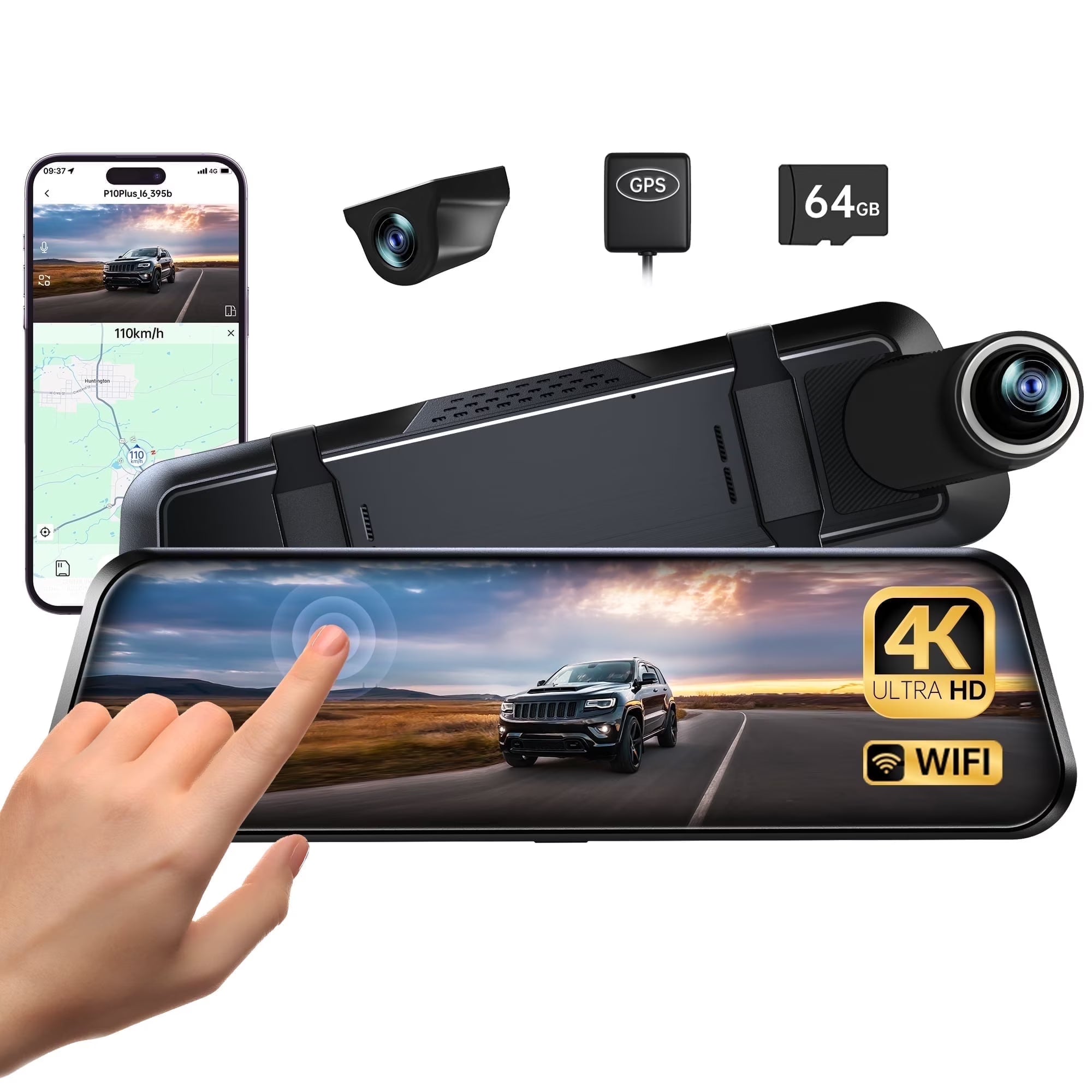 Pelsee 10?? 4K WiFi Mirror Dash Cam for Cars, Front and Rear Camera with ADAS, BSD, Voice Control, GPS, WDR Night Vision, Backup Camera, 64GB Card Included