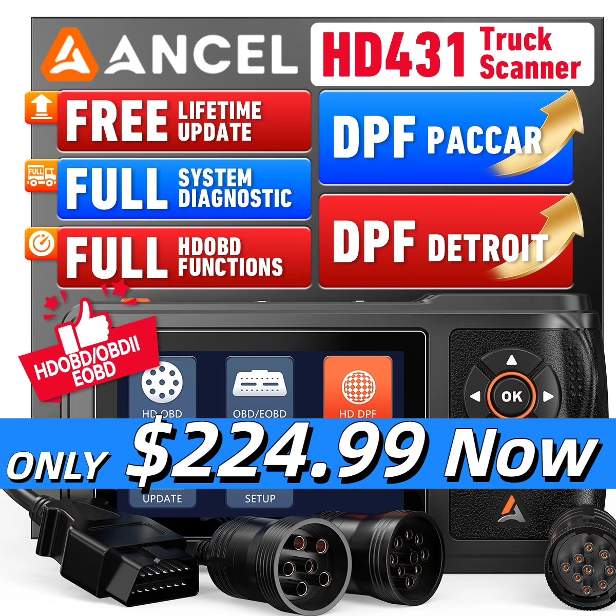 ANCEL Heavy Duty Truck All System Diagnostic Scanner DPF Regen & Reset for Detroit, Paccar, HDOBD & OBD2 Truck Code Reader, Lifetime Free Update