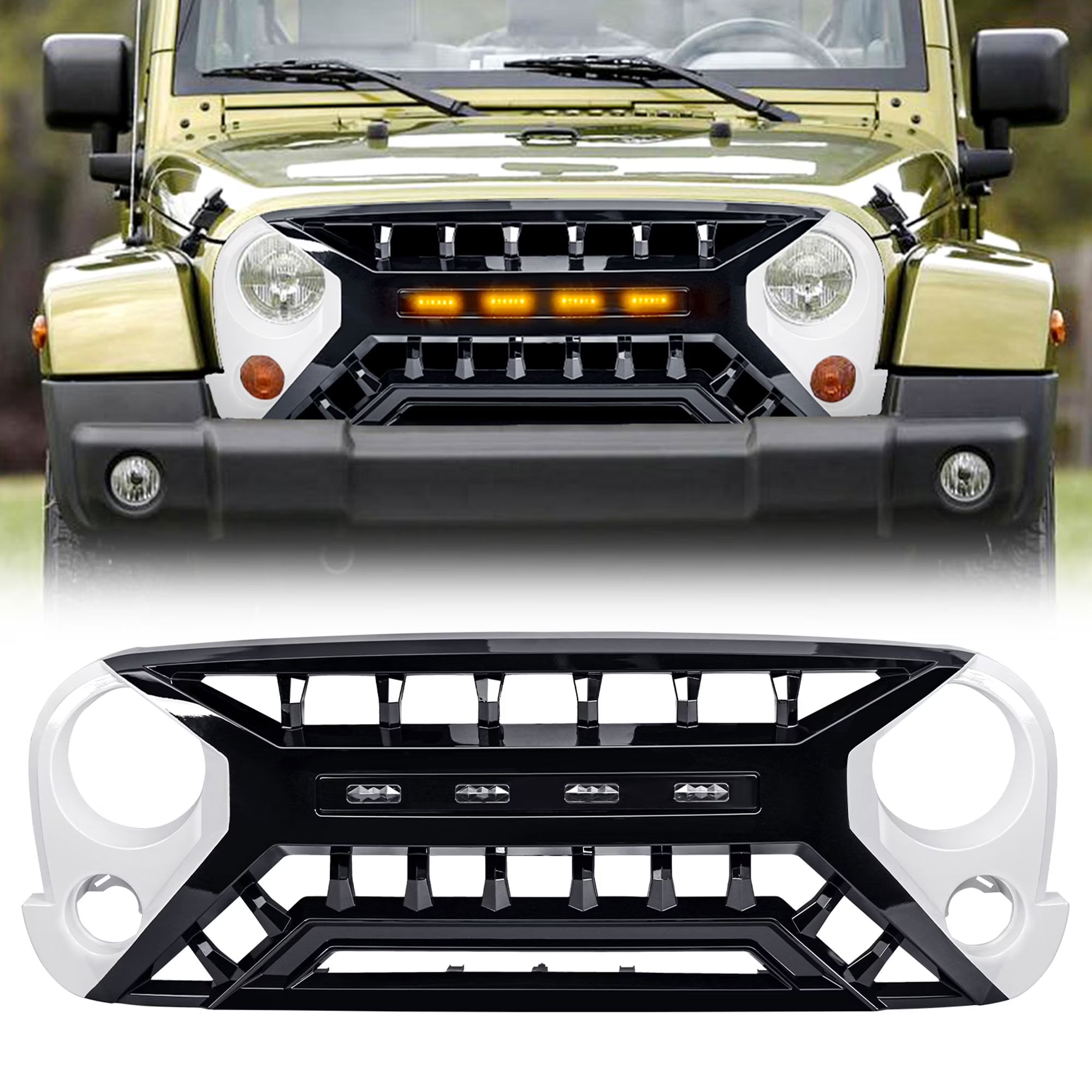 AMERICAN MODIFIED Grille 07-18 Jeep Wrangler JK w/ Amber LED, White/Black