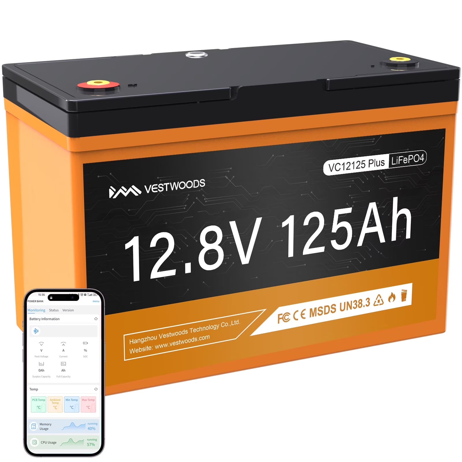 12V 125Ah LiFePO4 Lithium Battery, 1600Wh Group 31 Deep Cycle Marine RV Battery, Bluetooth 100A-BMS 1280W, Max. 15000 Cycles IP65 for Trolling Motor, Camper, Trailer, Solar Off-Grid Energy, Golf Cart