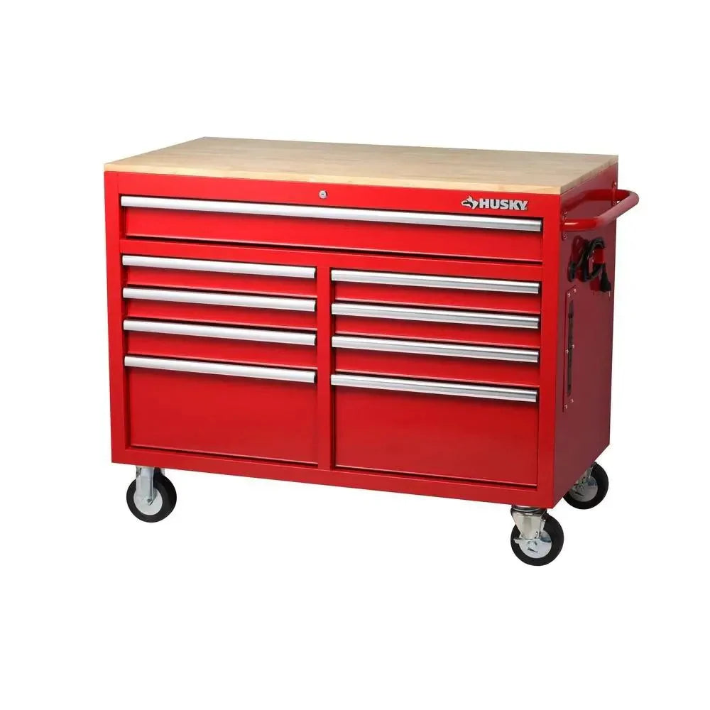 46 in. W x 24.5 in. D 9-Drawer Gloss Black Deep Tool Chest Mobile Workbench with Hardwood Top and Power Station