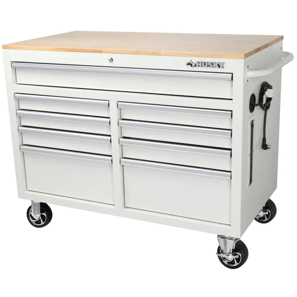 46 in. W x 24.5 in. D 9-Drawer Gloss Black Deep Tool Chest Mobile Workbench with Hardwood Top and Power Station