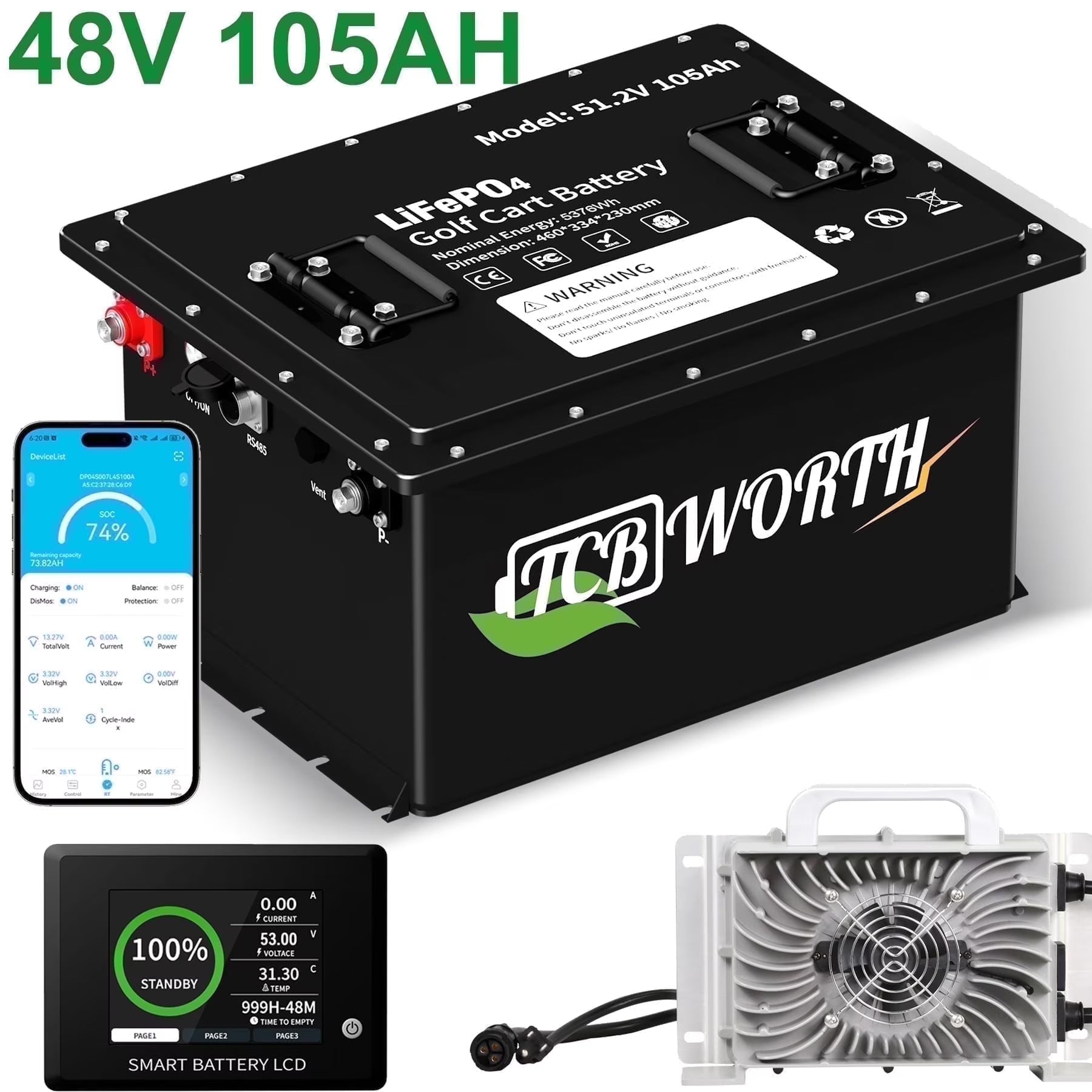 48V 105AH Golf Carts Battery,Lithium LiFePO4 Batteries Bluetooth with a Smart Monitor APP & 58.4V 20A Charger,51.2V for RV Trolling Motor Solar Marine,Built in 200A BMS