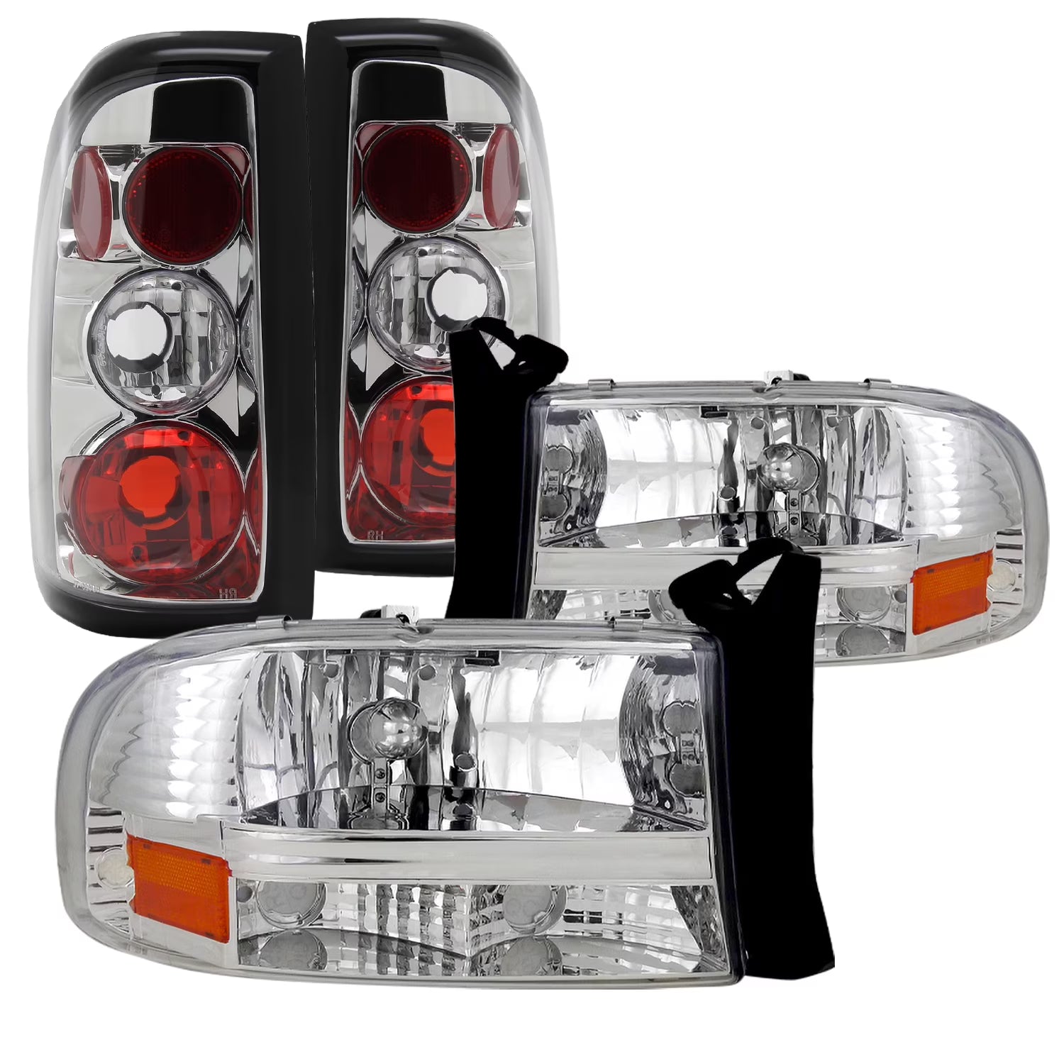 Spec-D Tuning Chrome Crystal Headlights + Tail Brake Lamps for 1997-2004 Dodge Dakota Left + Right Pair