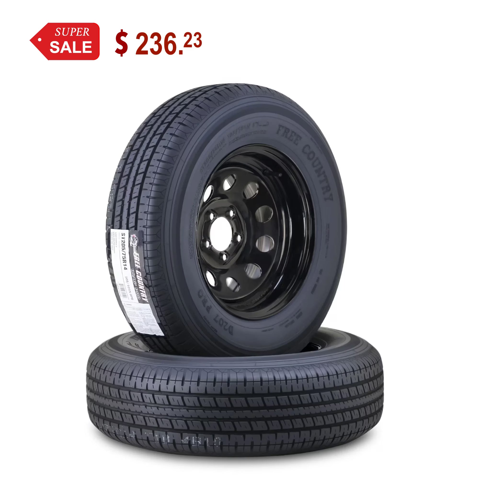Free Country Trailer Tire Wheel Assembly ST205/75R14 8-Ply D 105N 5 Lug on 4.5  PCD Black Mod Rim ,SET 2