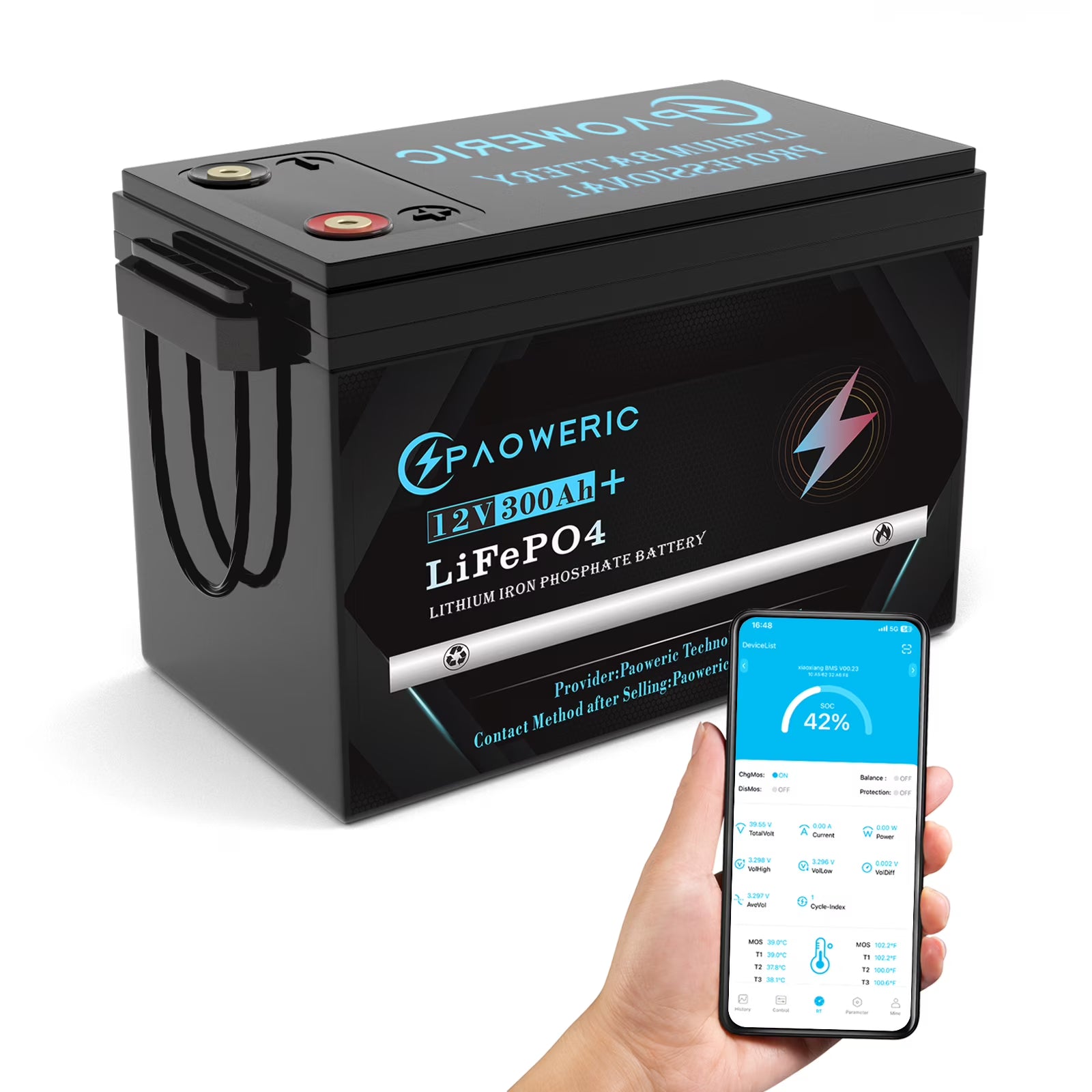 Paoweric 12V 300Ah LiFePO4 Lithium Battery with Smart 200A BMS, Compact Lithium Iron Phosphate Battery for Solar, RV, Home Energy Storage