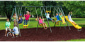 XDP Recreation Rising Sun Metal Swing Set with See Saw. Glider. Stand N Surf. Swing. Deluxe Trapeze. Fun Glider and Wave Slide