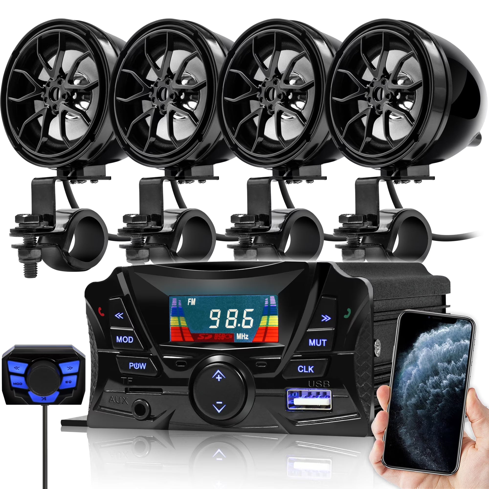 GoHawk TS3-Q Motorcycle Bluetooth 4 Speakers Handlebar Mount MP3 Music Player Sound Audio Stereo Amplifier System ATV USB Micro SD FM Radio