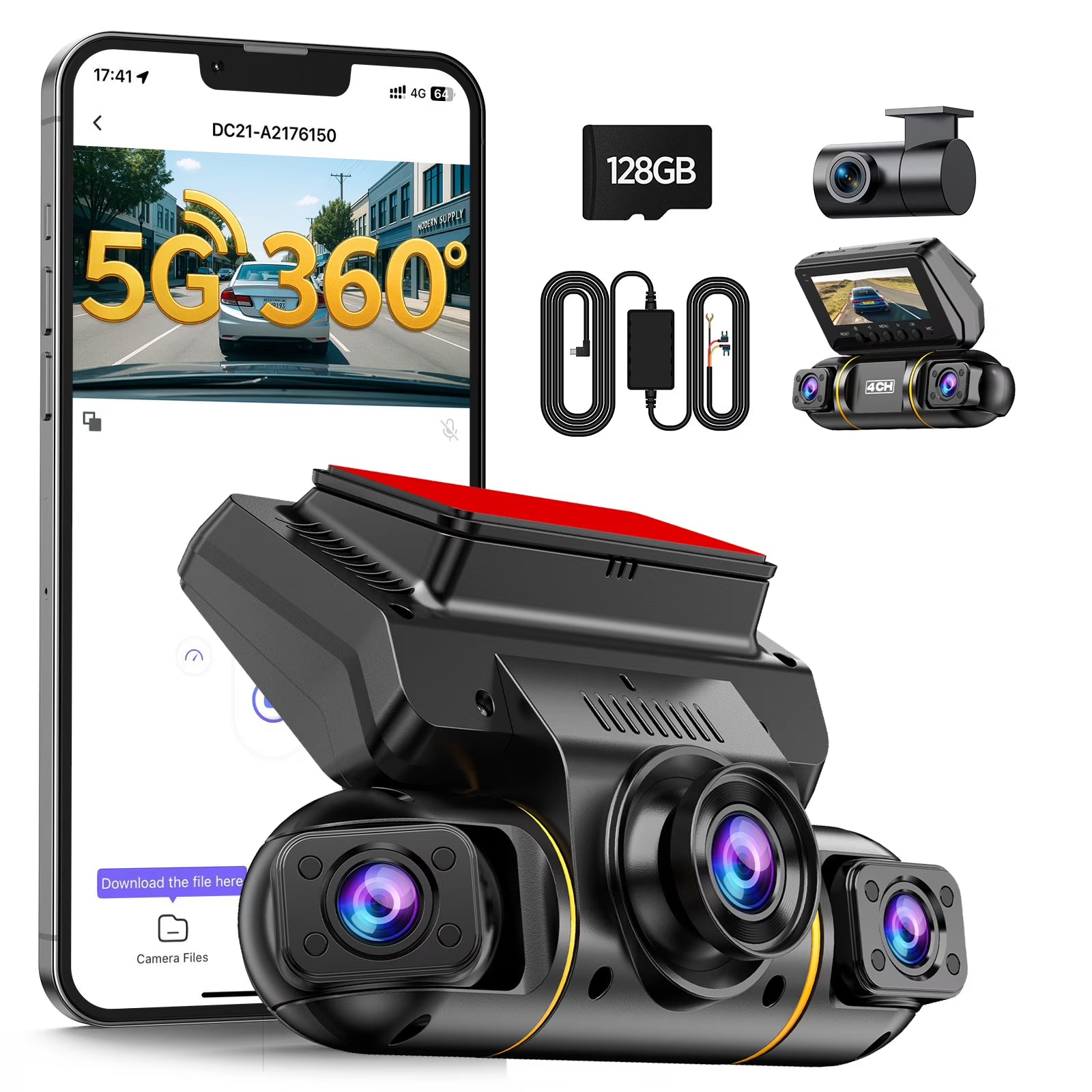 TOGUARD 4 Channel Dash Cam Front and Rear Inside with Hardwire Kit for 24h Security Parking Monitor, 1080p FHD 360 Degree View 5G Wifi Dash Camera, IR Night Vision Dashcam, G-Sensor, Free 128GB Card