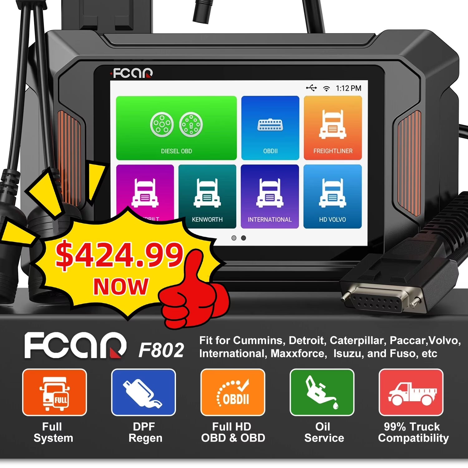 FCAR F802 PRO Diesel Truck Diagnostic Scanner 24V HD OBD Scan All System DPF Regeneration Oil Service Reset Truck Engine Scanner OBD2 Scanner Car & Truck Code Reader Diesel Heavy Duty Truck Scan Tool