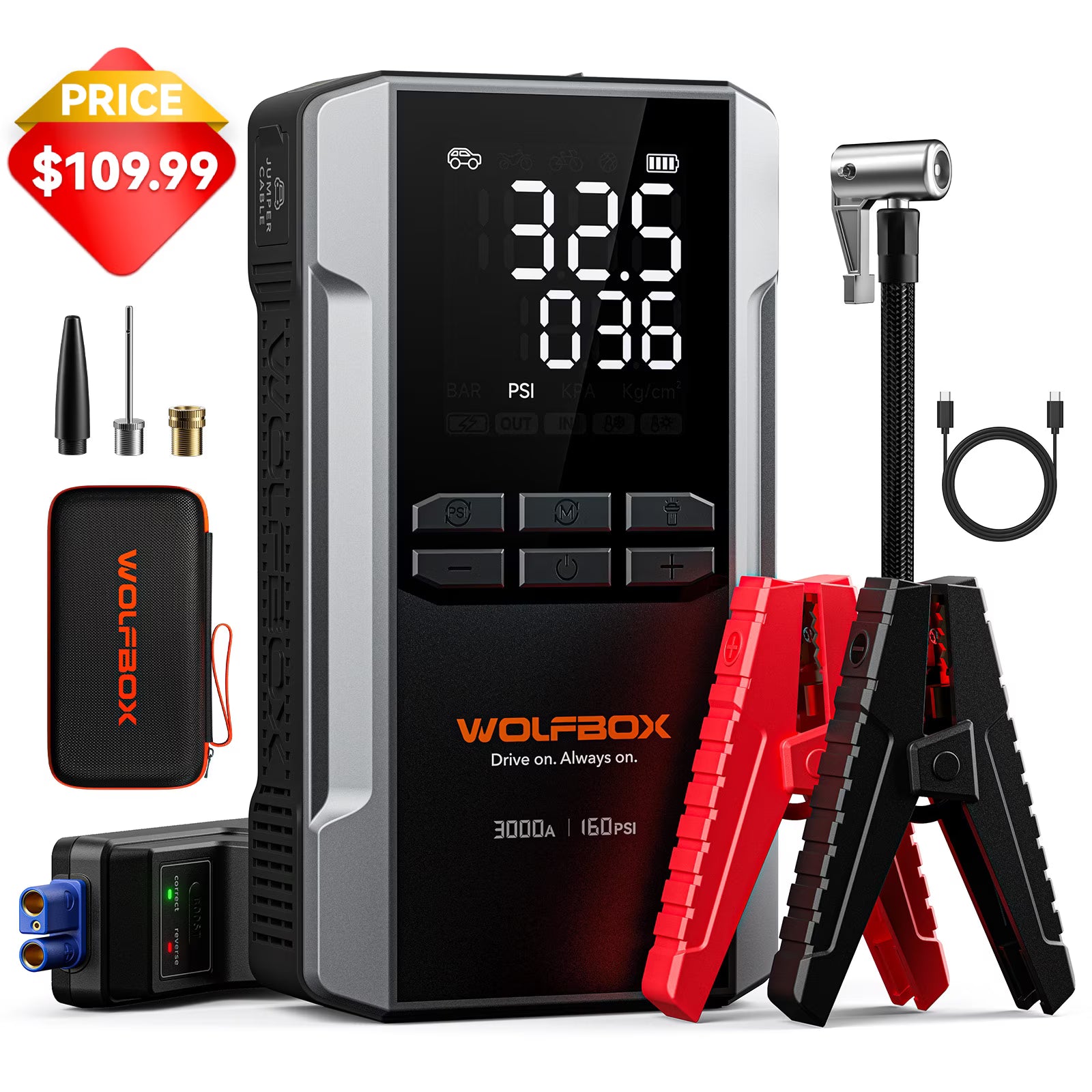 WOLFBOX 3000A Car Battery Jump Starter with 160PSI Air Compressor, 16000mAh Jumper Box pack Portable(for 8L Gasoline 6L Diesel Engines), Digital Tire Inflator
