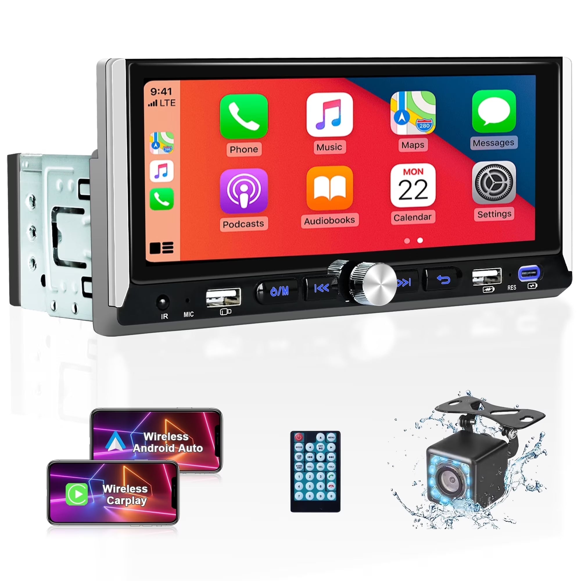 Wireless Single Din Car Stereo, 6.9  Touchscreen Car Audio Receiver, Apple Carplay & Android Auto, Bluetooth, Type-C/USB Fast Charging, Rear Camera