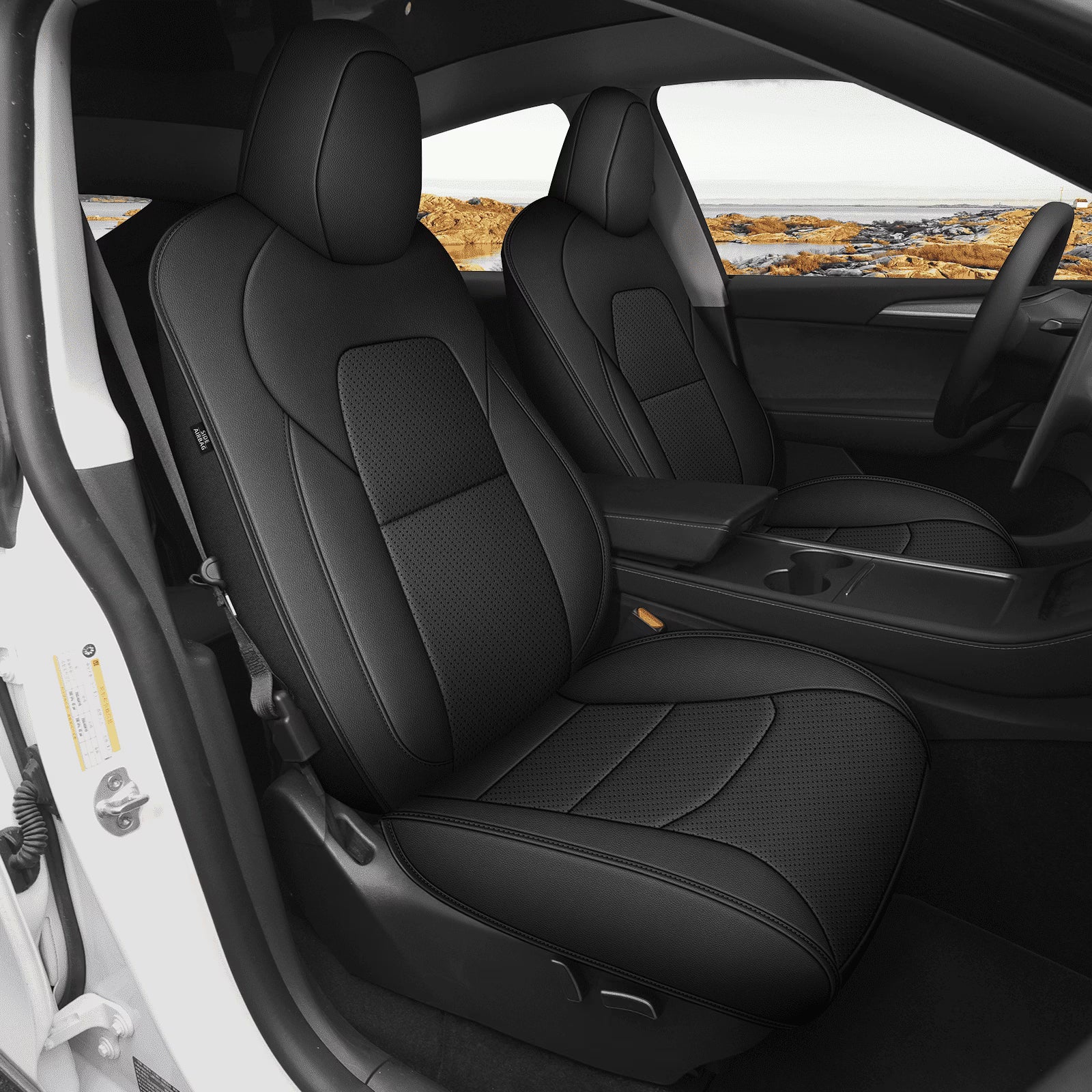 AOMSAZTO Seat Covers Leather Fit for Tesla Model 3 2017-2023 Full Seat Car Seat Covers Faux Leather Seat Cover Waterproof Seat Cushion Protector (Black)