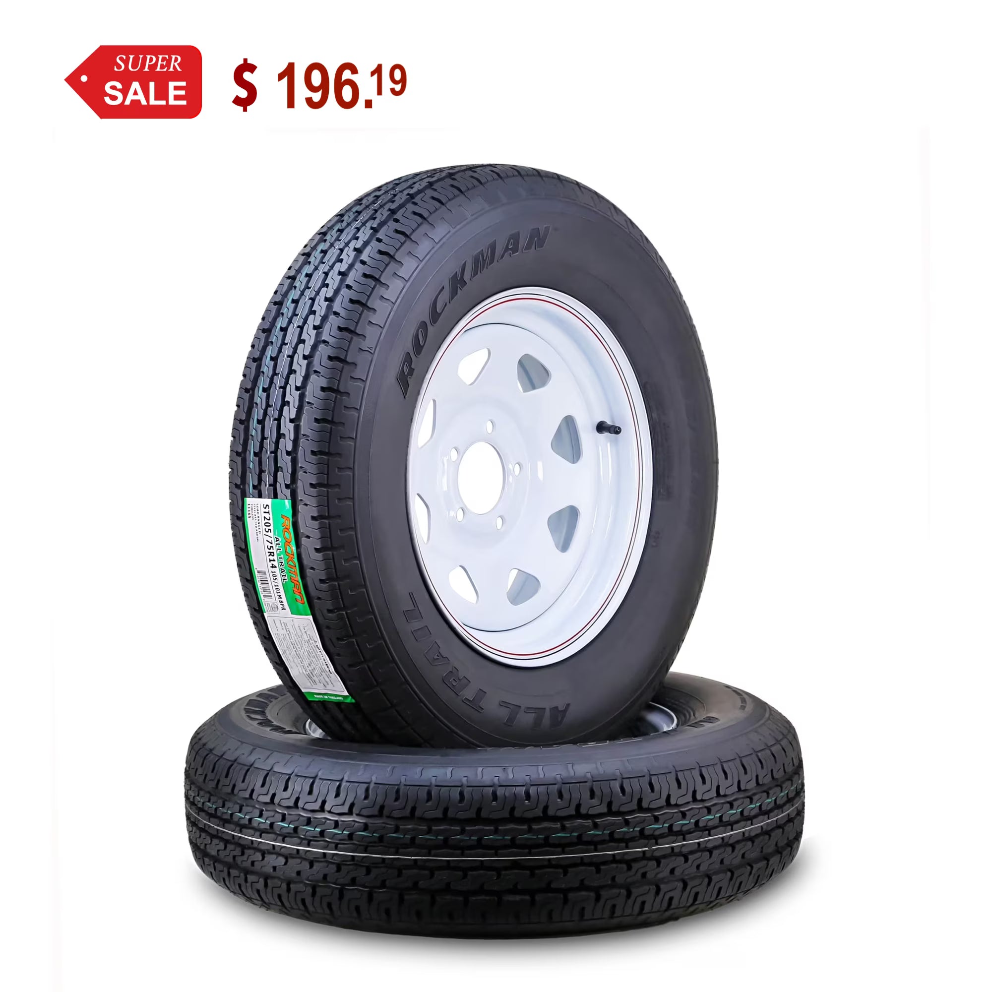 ROCKMAN Trailer Tire Wheel Assembly ST205/75R14 8-Ply D 105M 5 Lug on 4.5  PCD White Spoke Rim ,SET 2