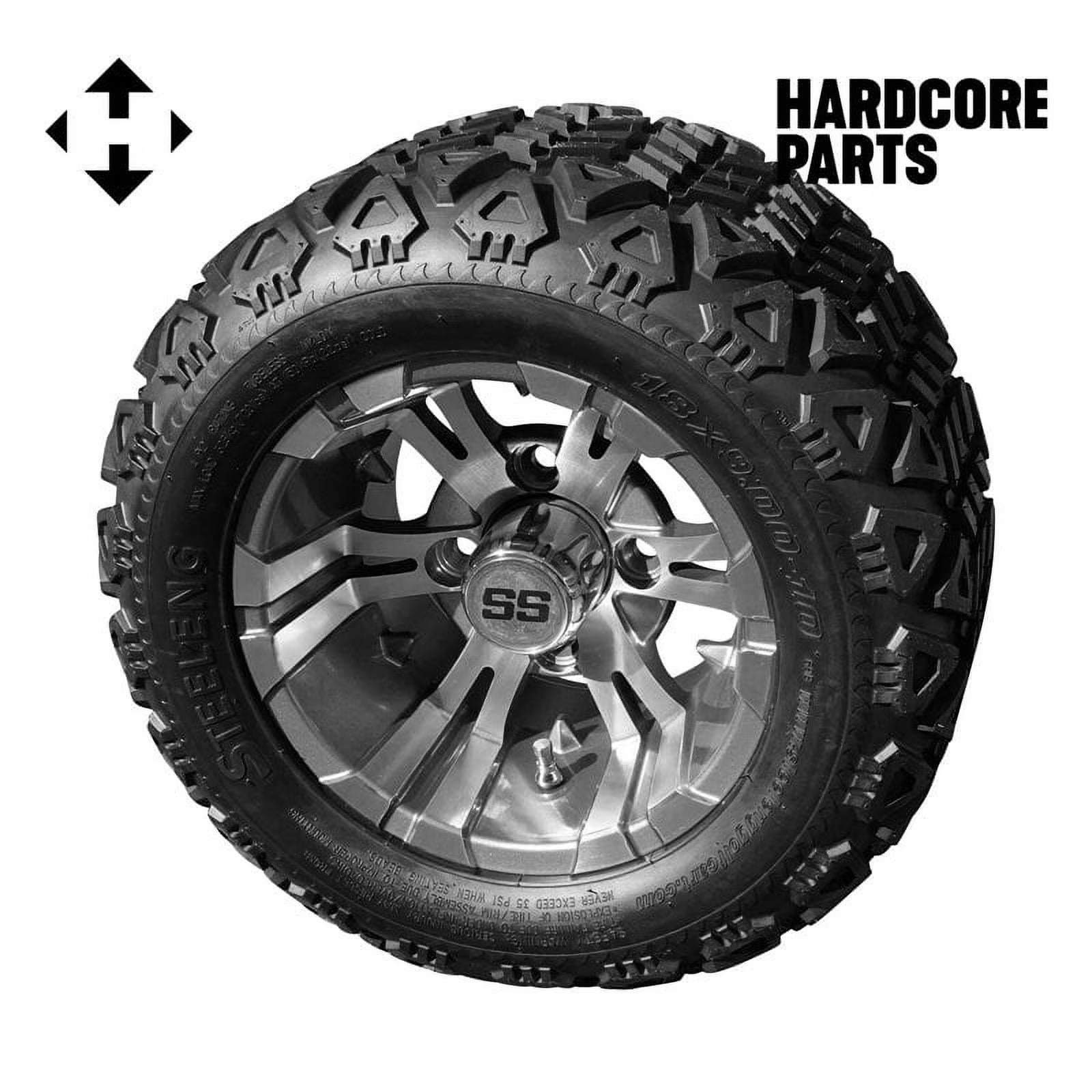 Hardcore Parts 10  Machined/Gunmetal 'Vampire' Golf Cart Wheels and 18 x9 -10 DOT rated All-Terrain tires - Set of 4, includes Chrome?'SS'?center caps and 1/2x20 Chrome lug nuts