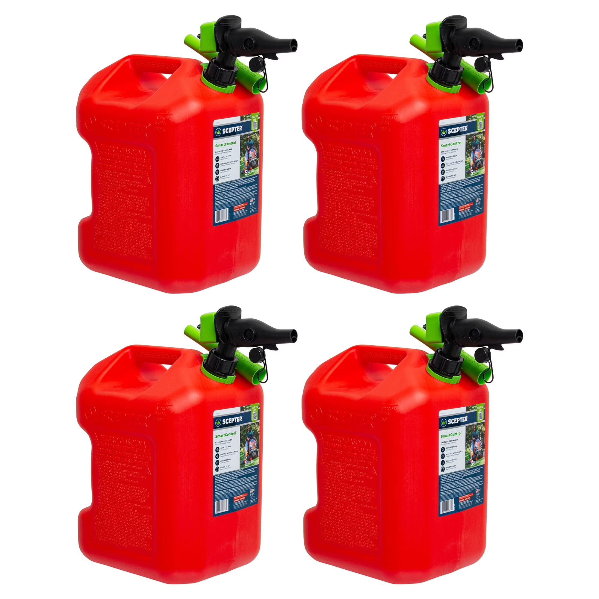 Scepter SmartControl Dual Handle 5 Gal Gasoline Can w/Funnel, 4 Pack, Red