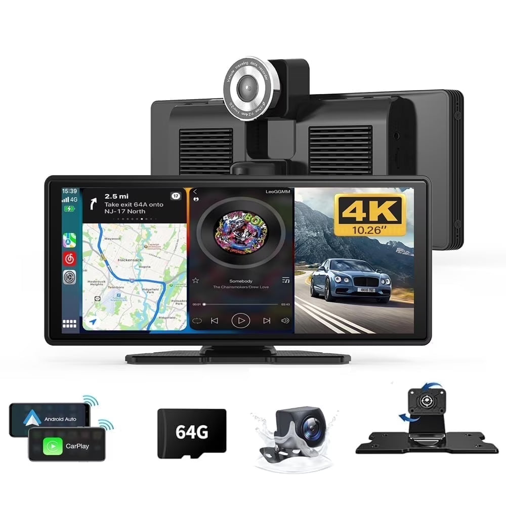10.26  Wireless Carplay Screen 360 Rotation 4K Dash Cam Carplay & Android Auto Car Stereo Car Audio Receivers with 1080p Backup Camera GPS Navigation/Mirror Link/Voice Control/Siri