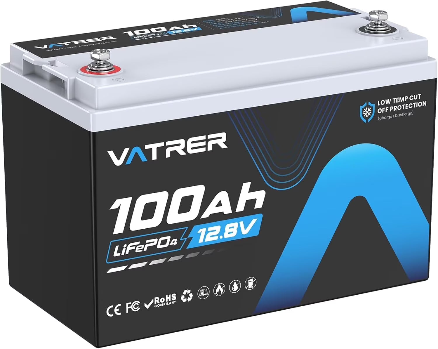 VATRER POWER 12V 100AH Low Temp Cutoff LiFePO4 Deep Cycle Battery with 1280W, Built-in 100A BMS, 5000+ Cycles Rechargeable Lithium Battery, Perfect for RV/Camper, Marine, Solar.