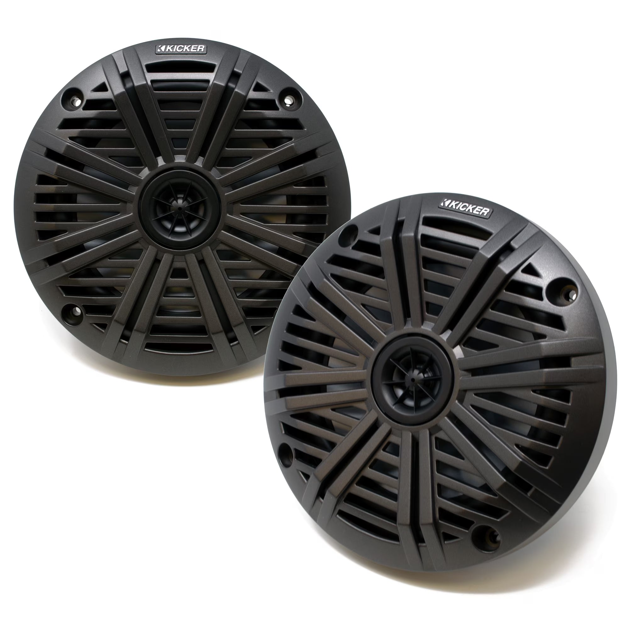 Kicker KM614 6.5  OEM Replacement Marine Speakers with Charcoal Salt Water Grills - 1 pair, 2 Speakers