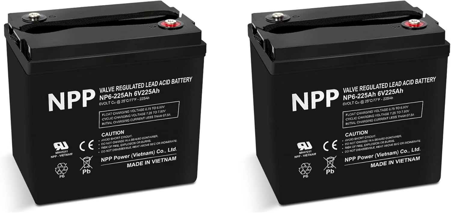 NP6-225Ah (2 Pcs) 6V 225Ah Golf Cart AGM Deep Cycle Rechargeable Battery, Pallet Jack, Ideal for Trolling Motor, RV, Marine, Wheelchair, Camping and Sightseeing Car