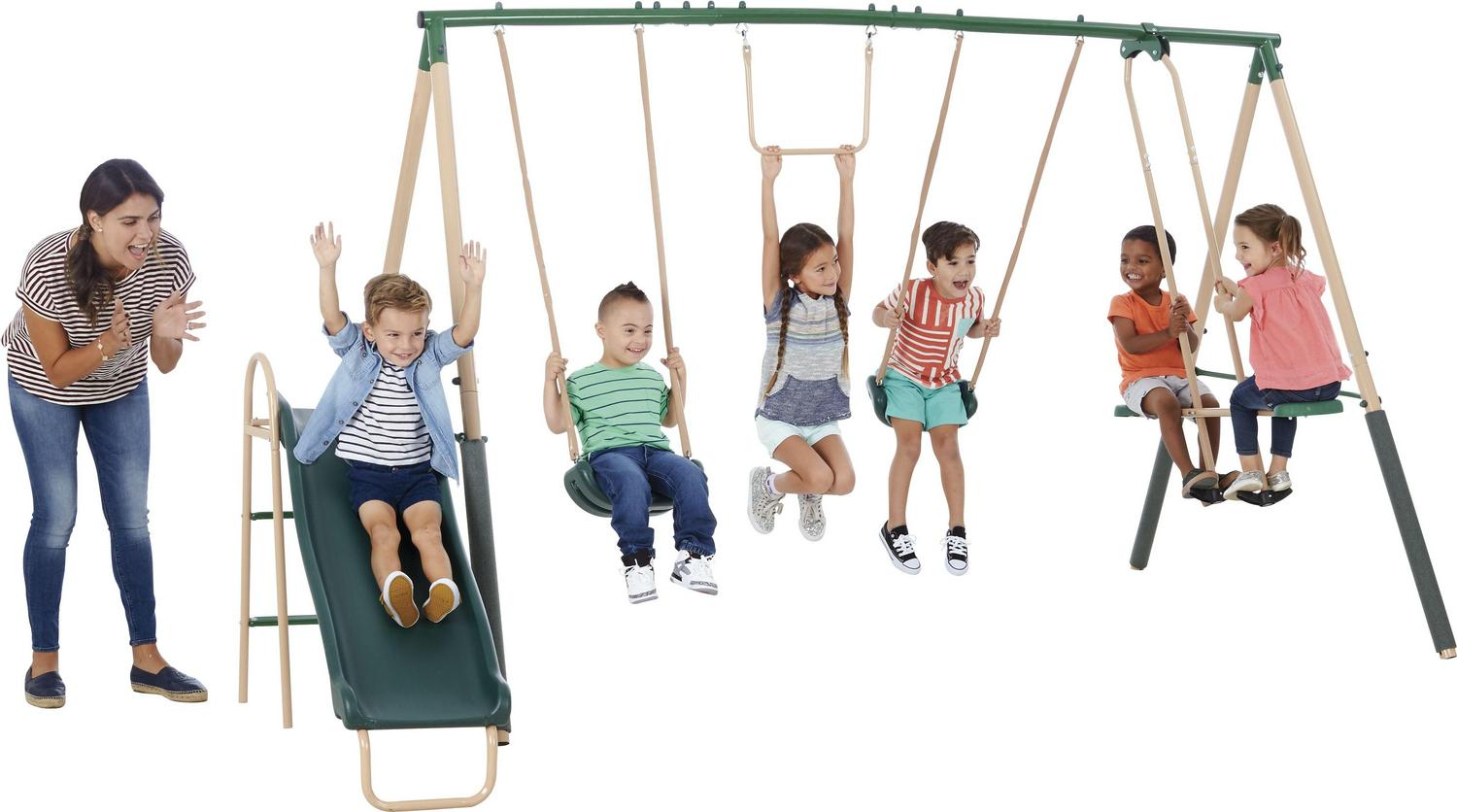 XDP Recreation Central Park Metal Swing Set with 2 Swing Seats. Trapeze Bar. Fun Glider for 2. & Wave Slide