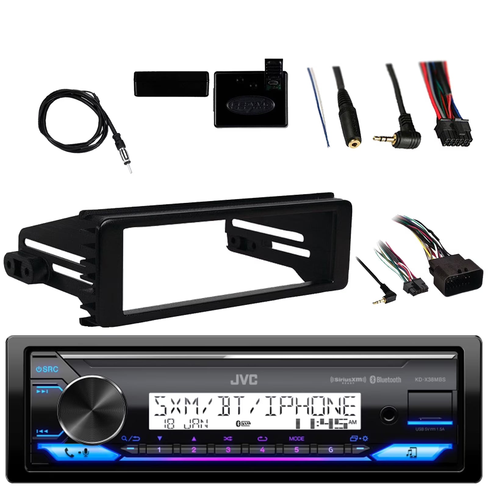 JVC KDX38MBS Single DIN Marine Stereo Bluetooth Receiver with Metra Adapter Install Dash Kit, Handle Bar Control, Enrock Wire Antenna For 1998-13 Harley Davidson Motorcycle Touring FLHT FLHX FLHTC