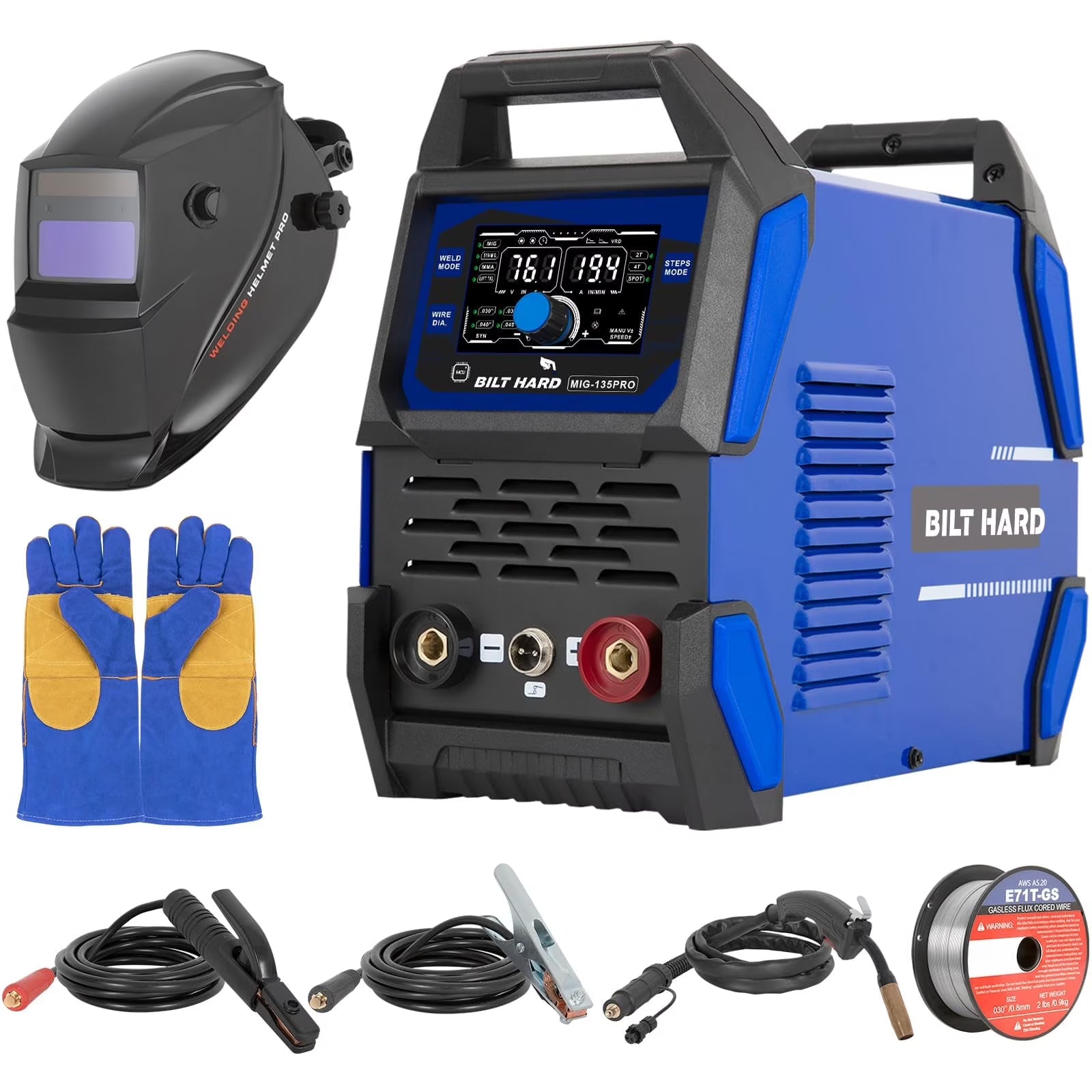 BILT HARD Arc Welder Welding Machine, MIG Welder 135A TIG Stick 3-In-1 Spot Welding Machine, 110V Welder with IGBT Inverter Use For Equipment Repair, Manufacturing, Full Kit (Solar Helmet, Gloves)