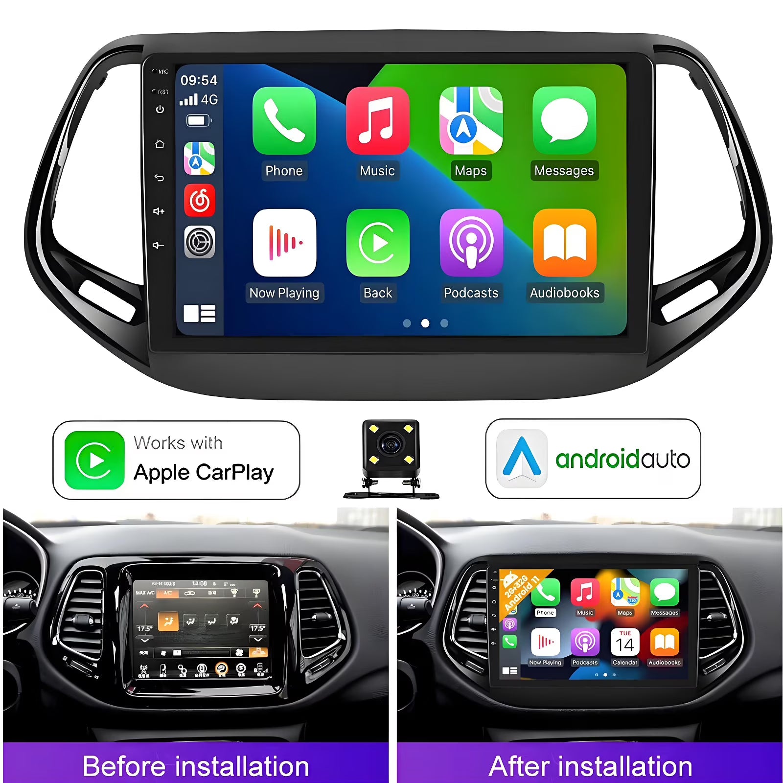 Eforcase 2+32G Car Stereo Radio for Jeep Compass 2017-2019, Support Wireless Carplay Android Auto 9  Touch Screen Android 13 Bluetooth GPS Navigation Car Player Radio