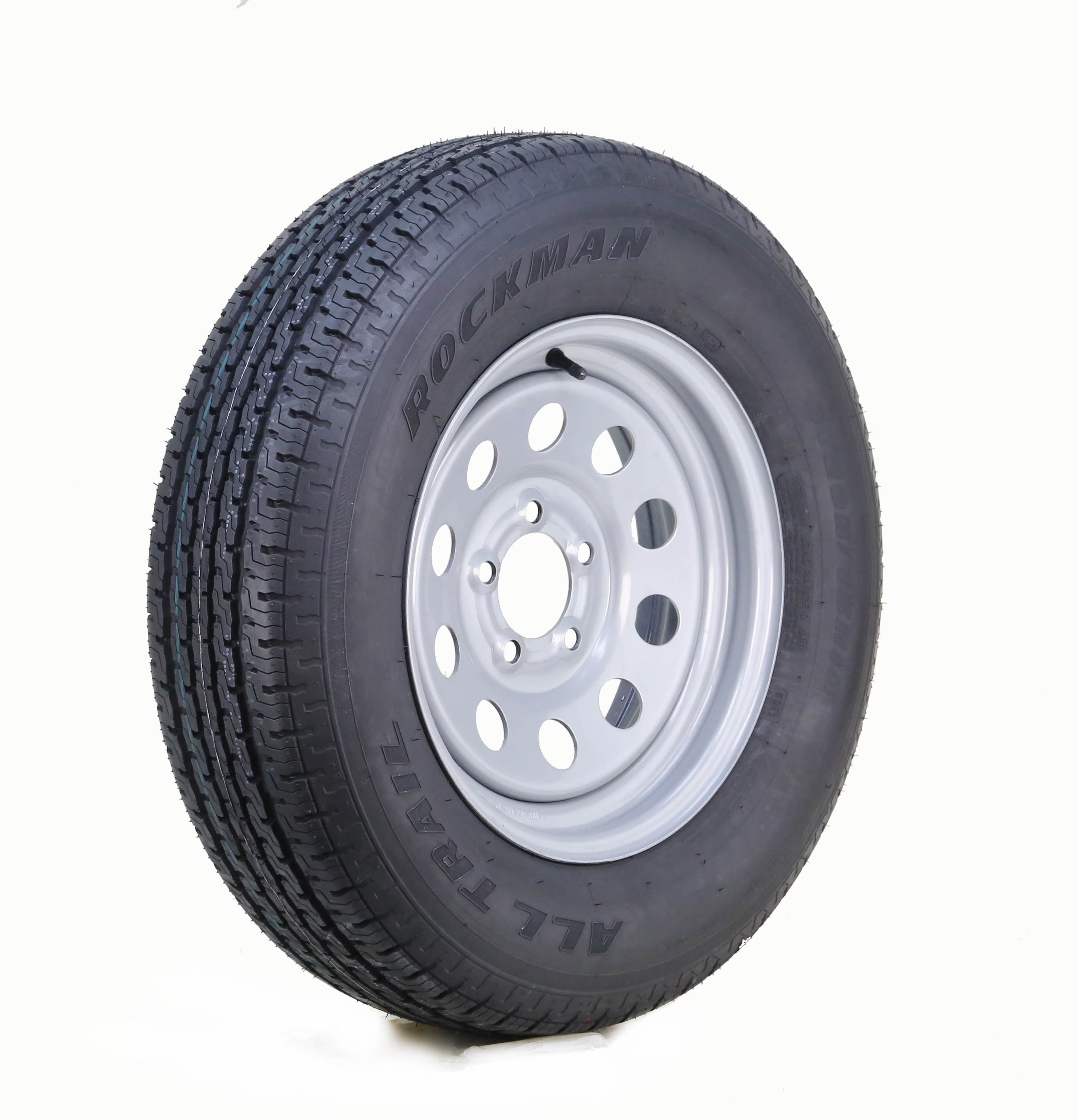 ROCKMAN Trailer Tire Wheel Assembly ST205/75R15 8-Ply D 107M 5 Lug on 5  PCD Silver Mod Rim