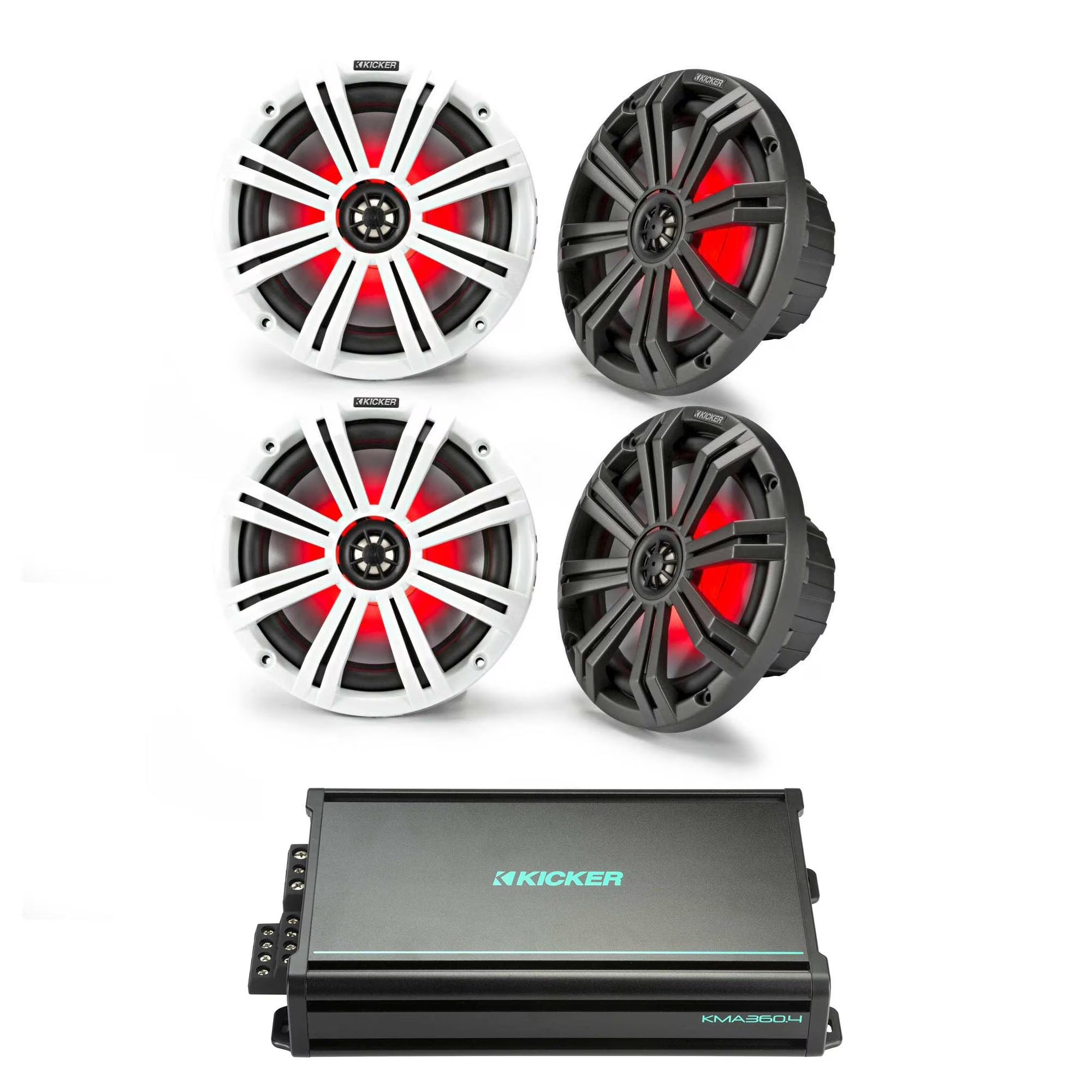 Kicker Marine Amplifier Speaker Bundle 8  LED Speaker (2 Pair) with 4 Channel Amp