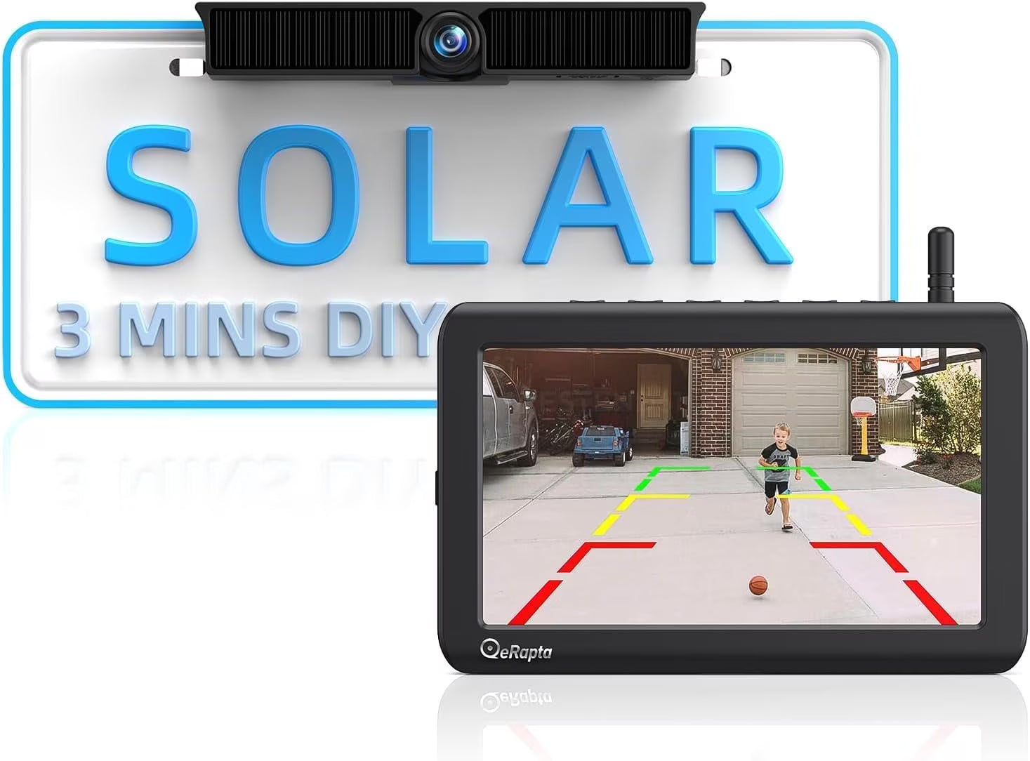 eRapta Magnetic Solar Wireless Backup Camera with 7'' Monitor Rear View Camera IP69 Waterproof Night Vision for RV/Pickup/Truck/Trailer/Bus