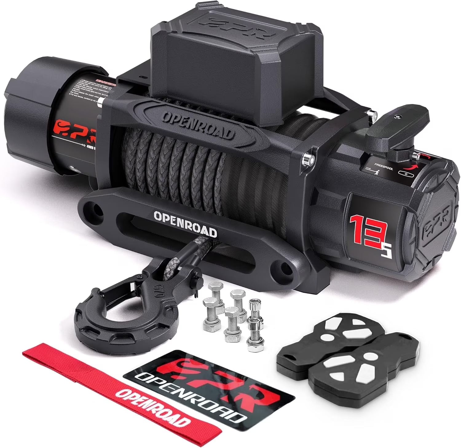 OPENROAD 13500 lb Recovery Winch with Synthetic Rope, 2 Wireless Controllers ?C 12V Electric, IP68 Waterproof, Compatible with Jeep, SUV, Truck and Trailer - Panther Series 3S.